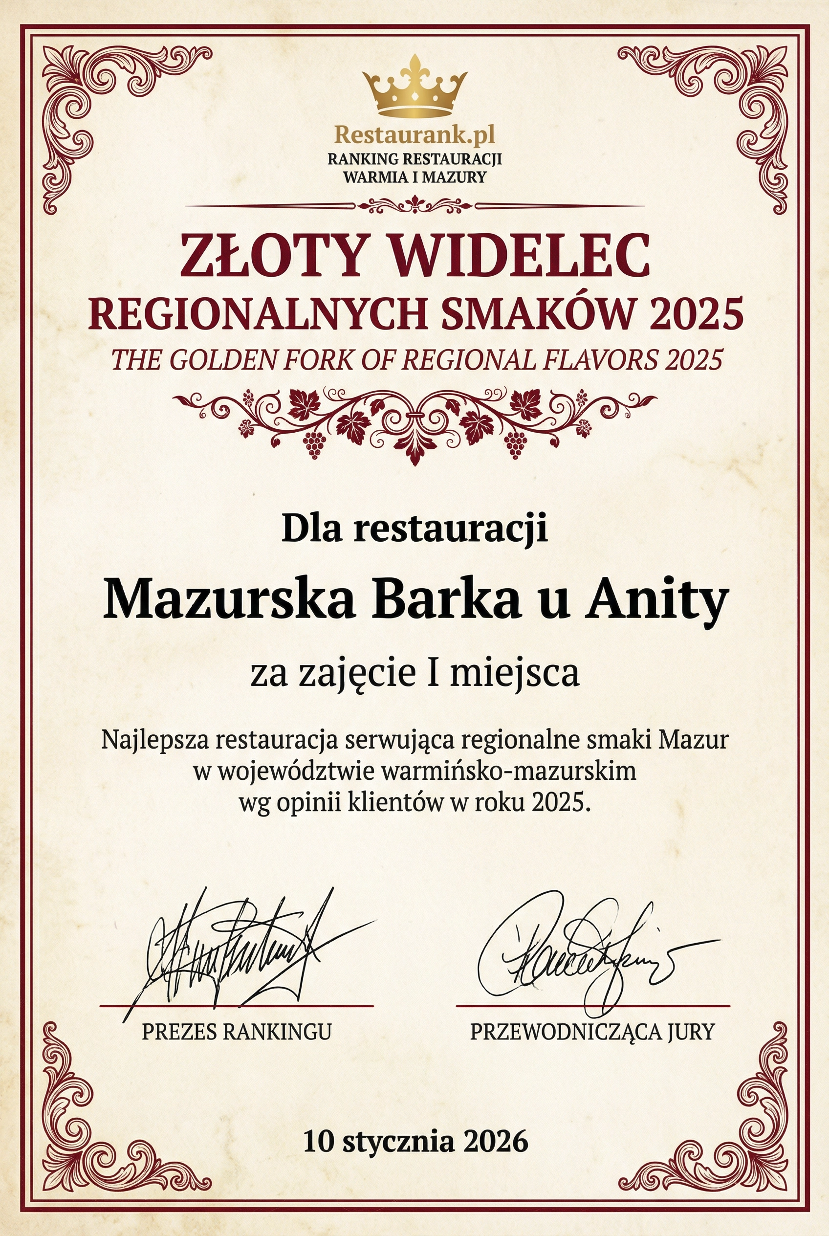 Certyfikat - Złoty Widelec Regionalnych Smaków