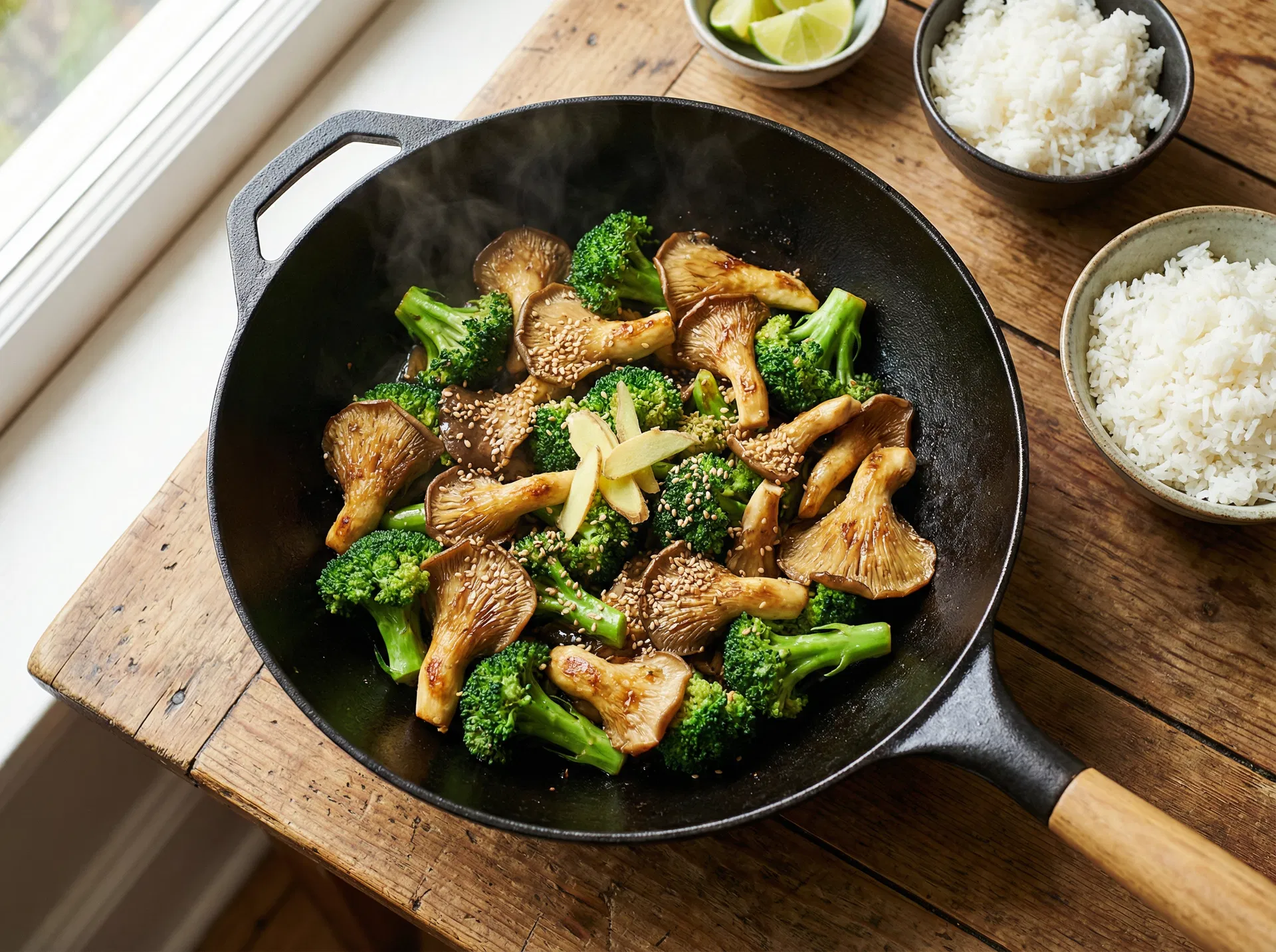 Brokkoli-Pilz-Pfanne mit Ingwer & Sesam