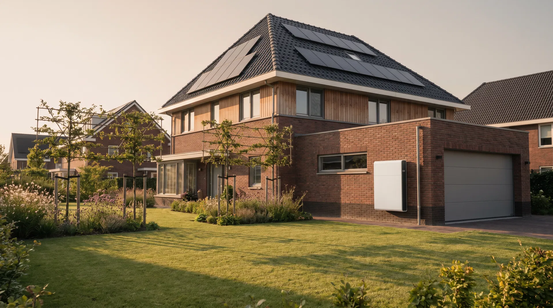 Modern Nederlands huis met zonnepanelen en thuisbatterij