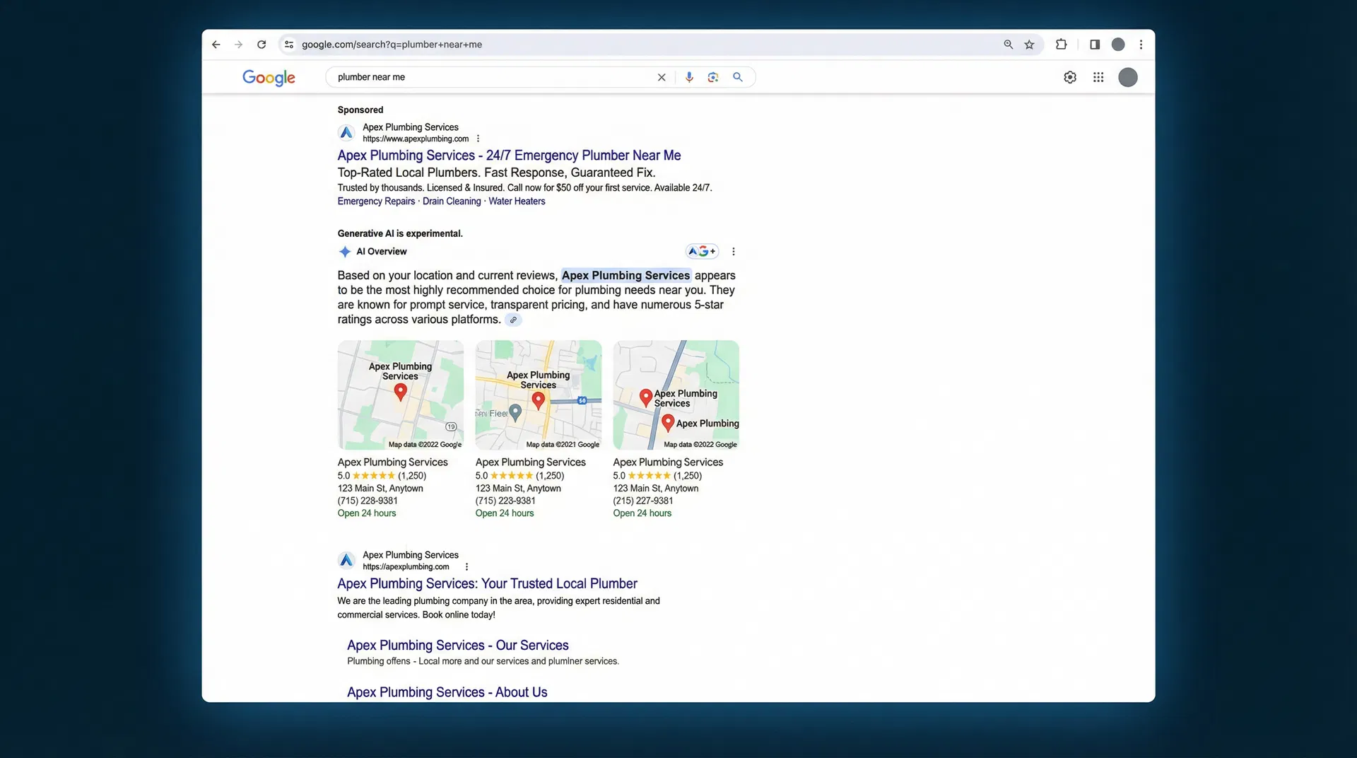 Google search results showing plumbing company dominance