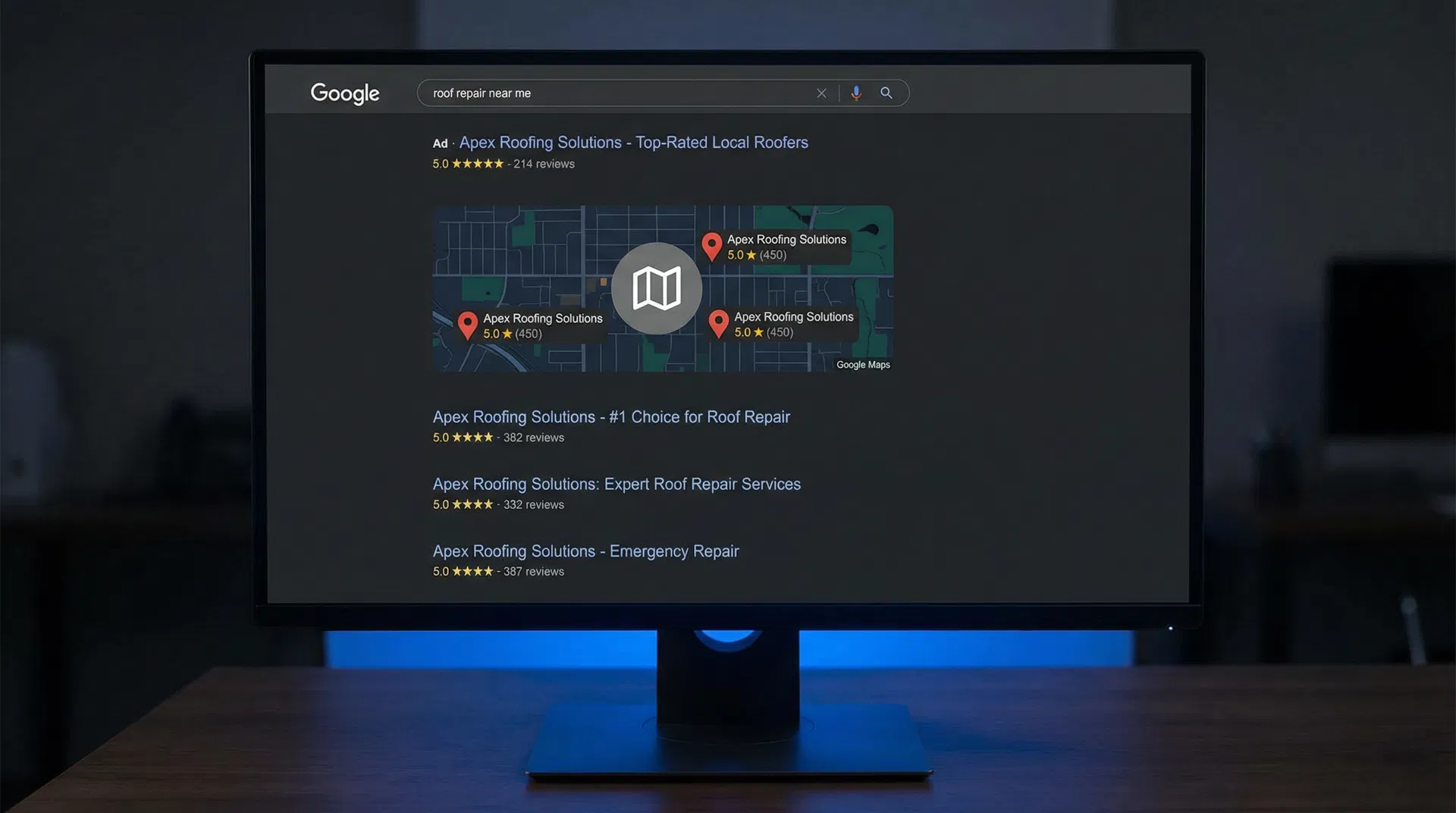 Google search results showing roofing company dominance