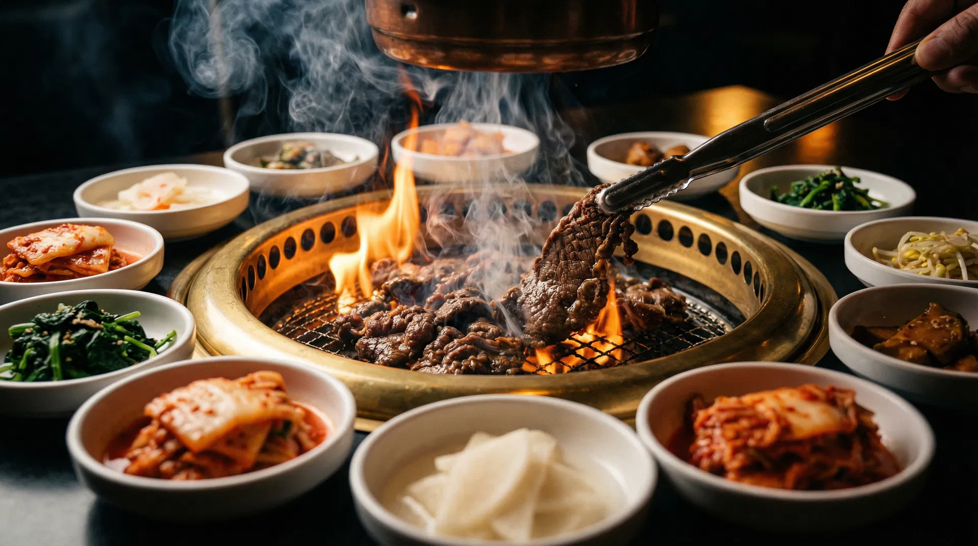 Korean BBQ grill with sizzling meat