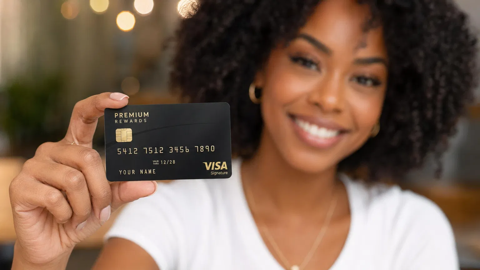 Woman confidently holding credit card