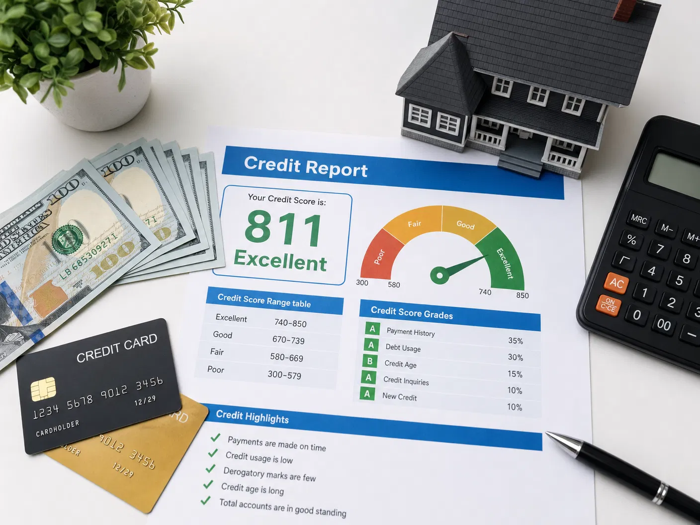 Credit report showing 811 excellent score with financial documents
