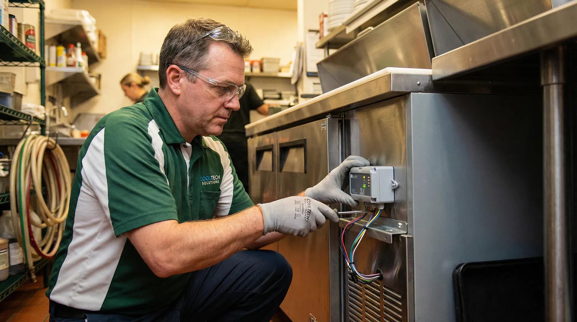 Techniker installiert CoolOptimize Steuereinheit an Kälteanlage