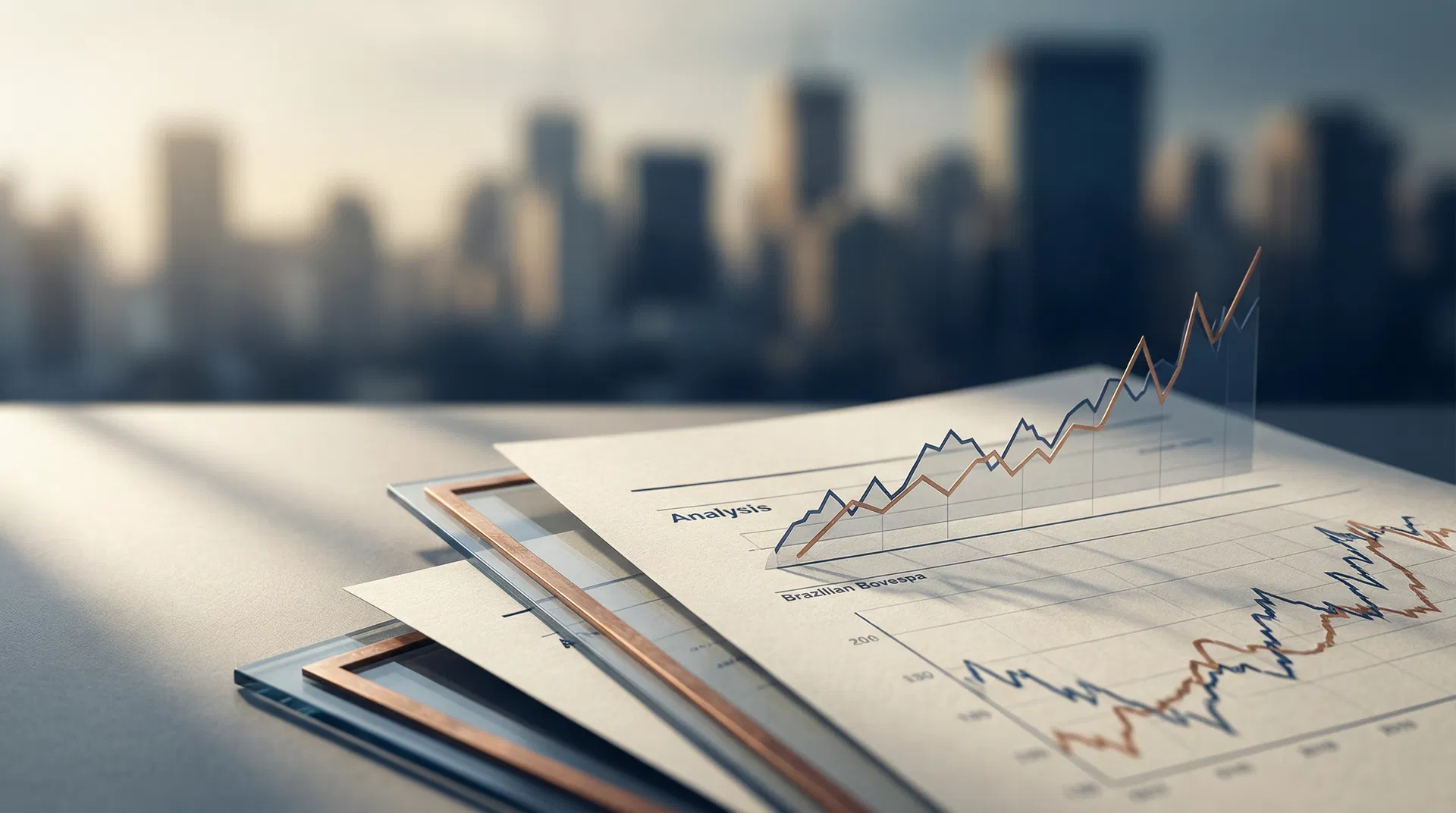 Composição editorial com relatórios financeiros e gráficos sobre uma mesa executiva