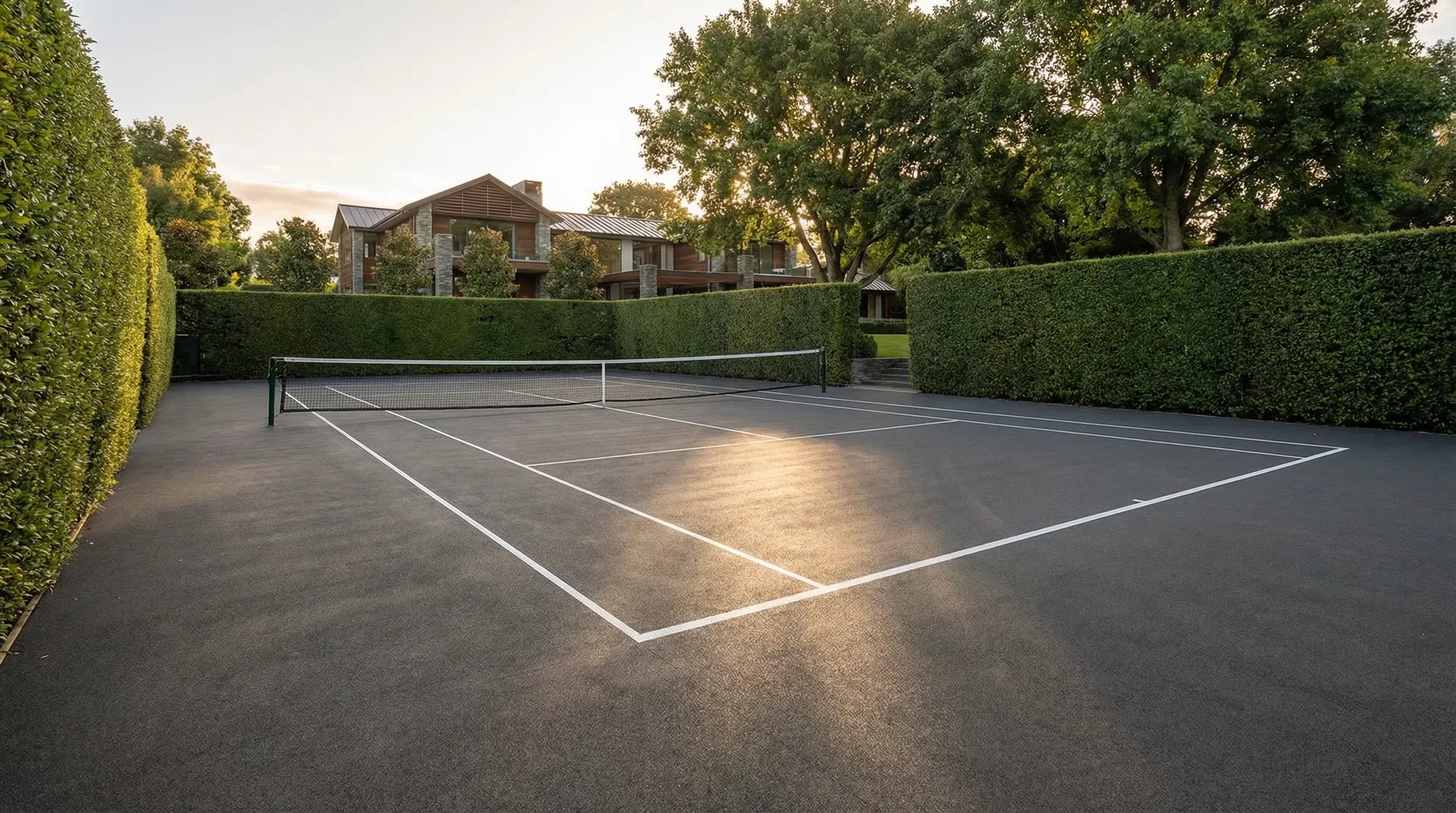 Residential tennis court with hedge surrounds and premium landscaping — indicative design