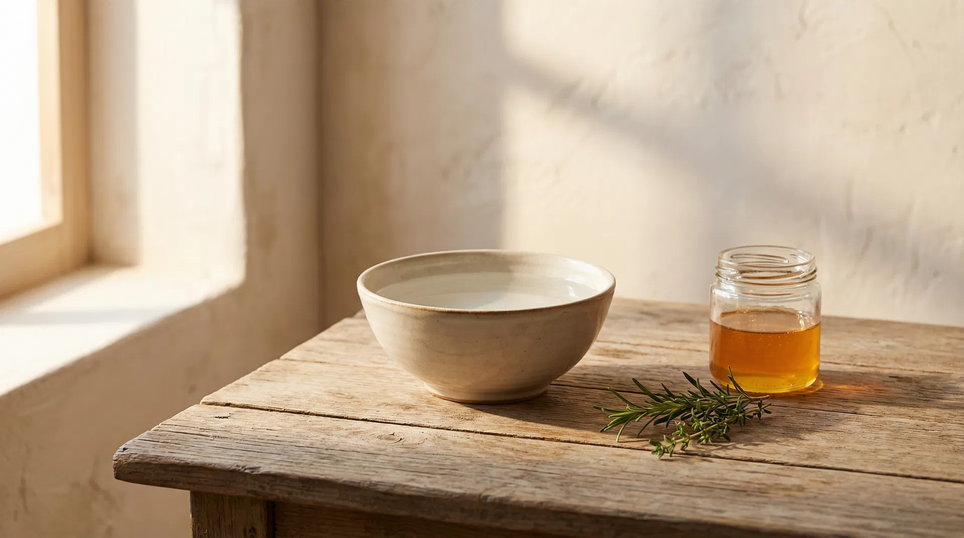 A bowl of water and honey on a wooden table in warm morning light