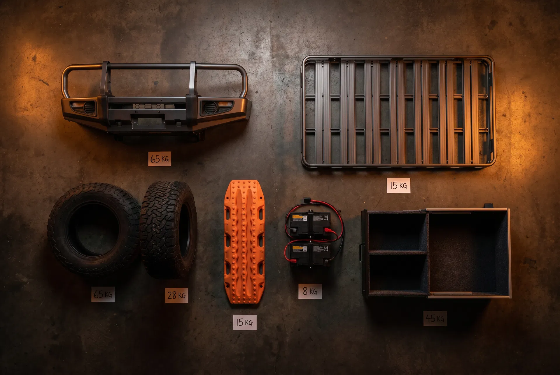 4WD accessories including bullbar, roof rack, recovery tracks, and drawer system