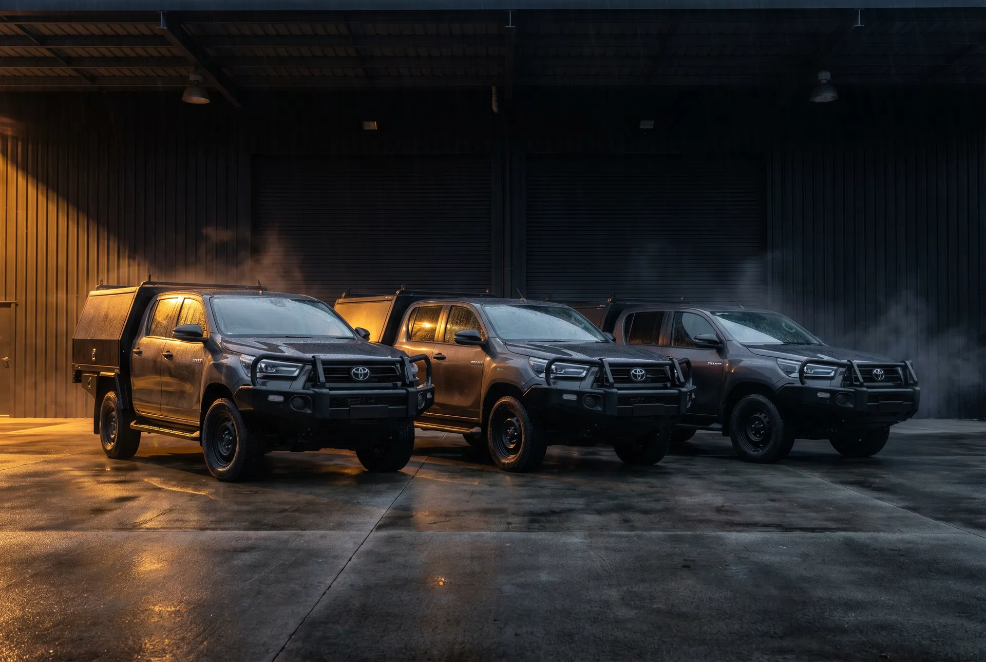 Fleet of three Toyota HiLux utes parked in a row at an industrial workshop