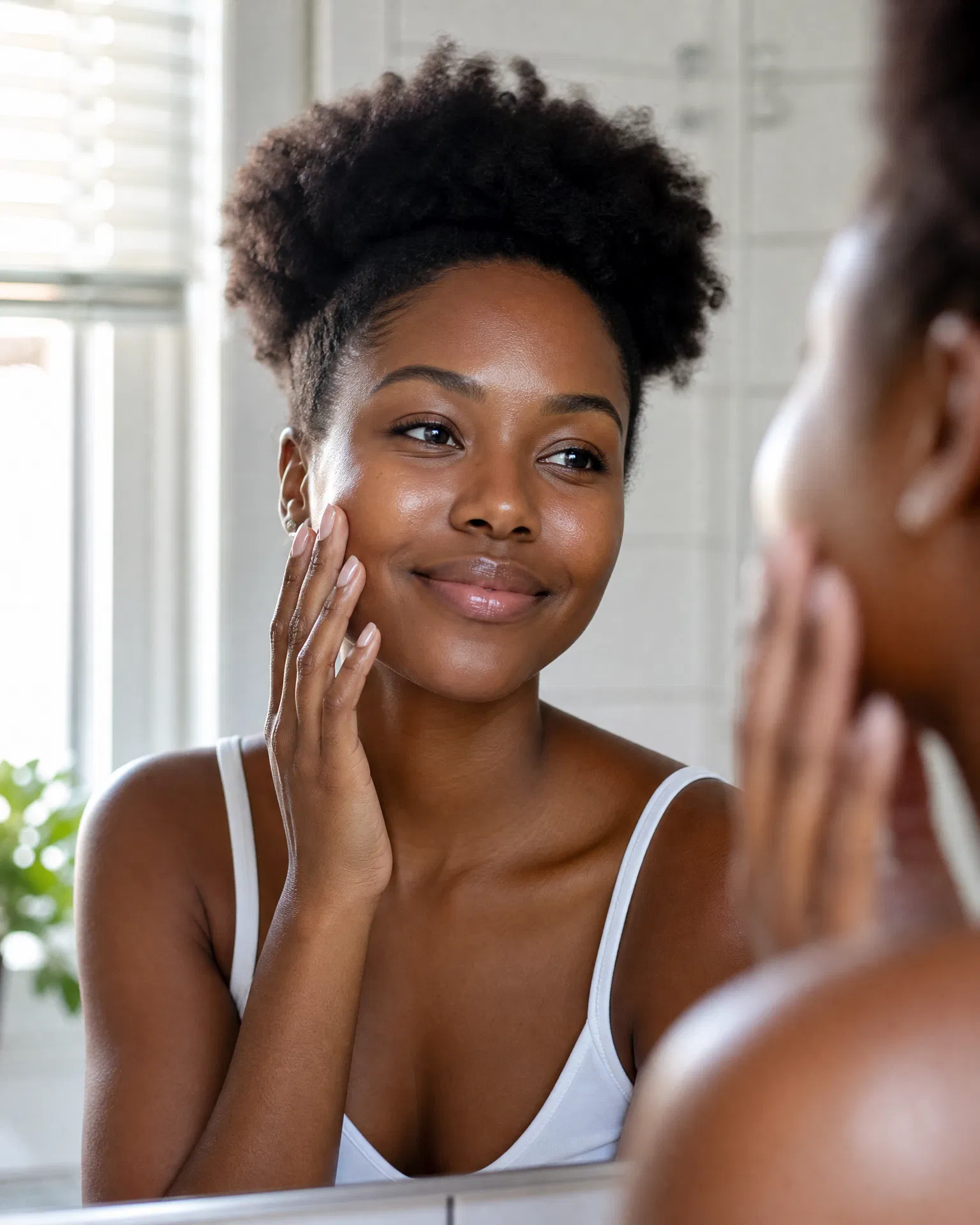 African American woman glowing in bathroom mirror