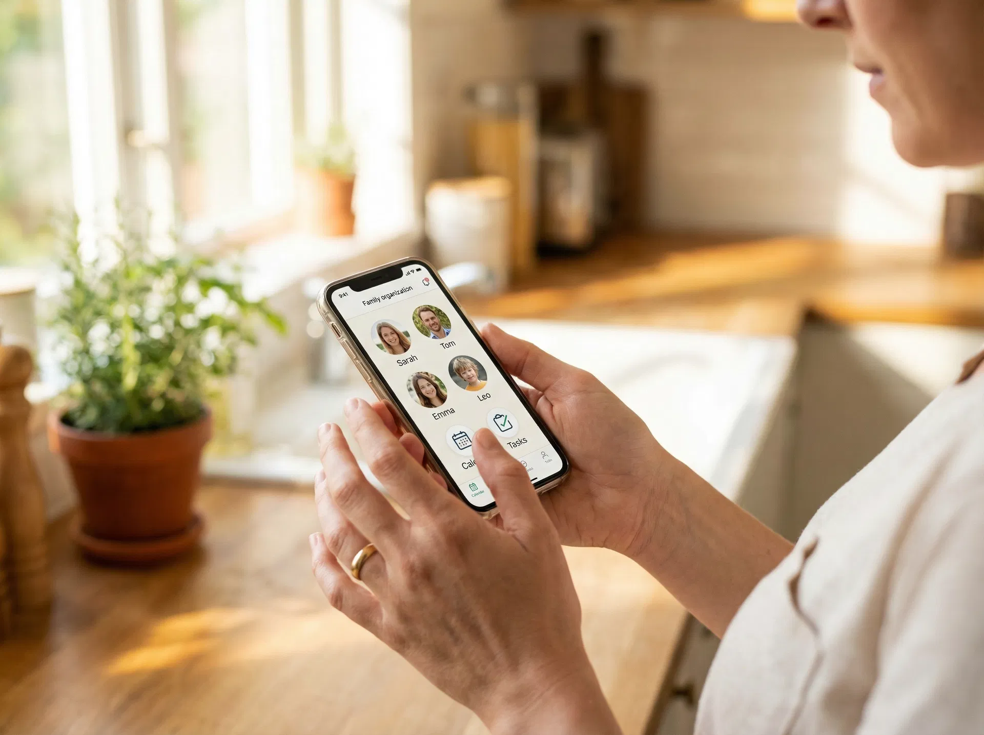 Frau hält Smartphone mit Familienprofilen