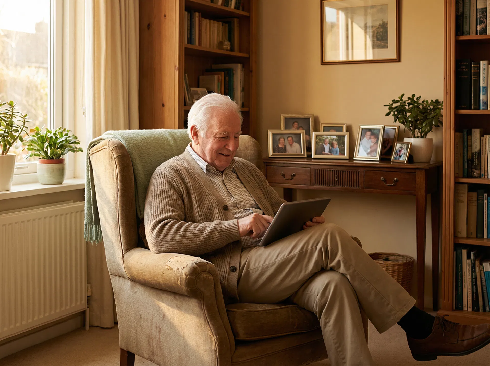 Älterer Herr mit Tablet im Wohnzimmer