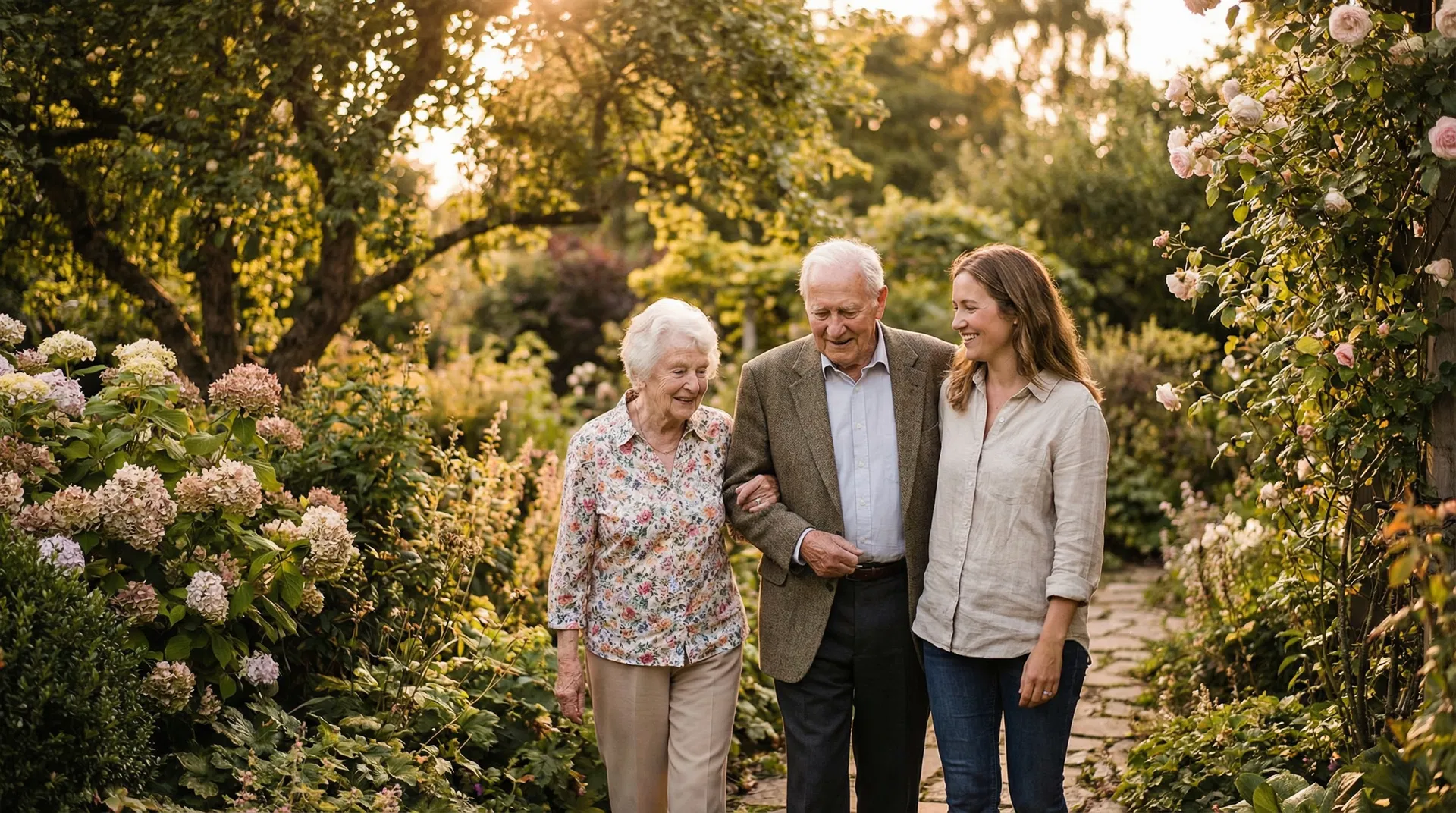 Family walking together in a garden