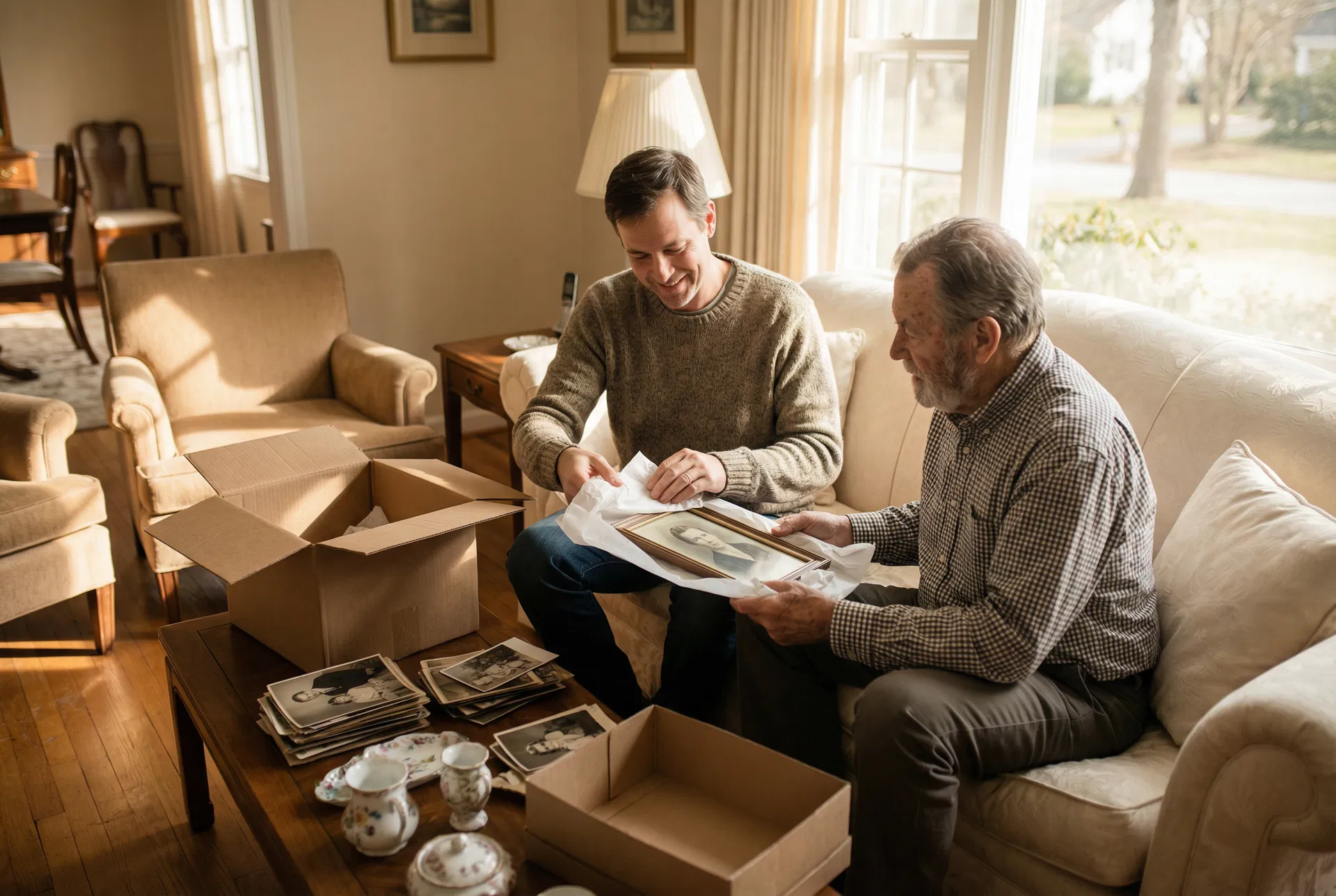 Family carefully packing cherished belongings together