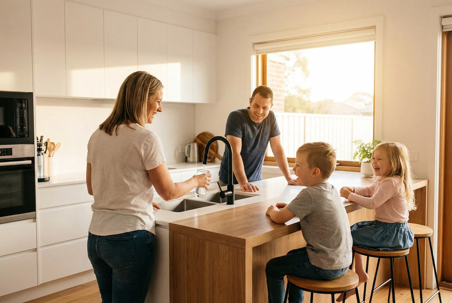 Family in kitchen with tap water
