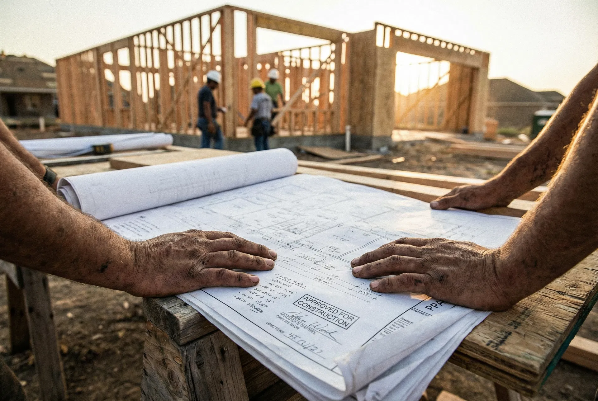 Builder reviewing plans on site