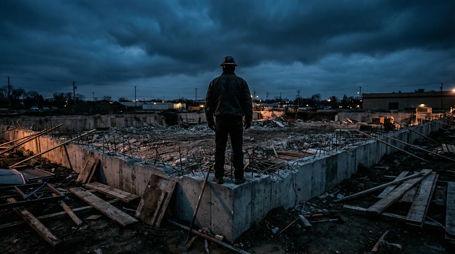 Construction site at dusk — the weight of consequence
