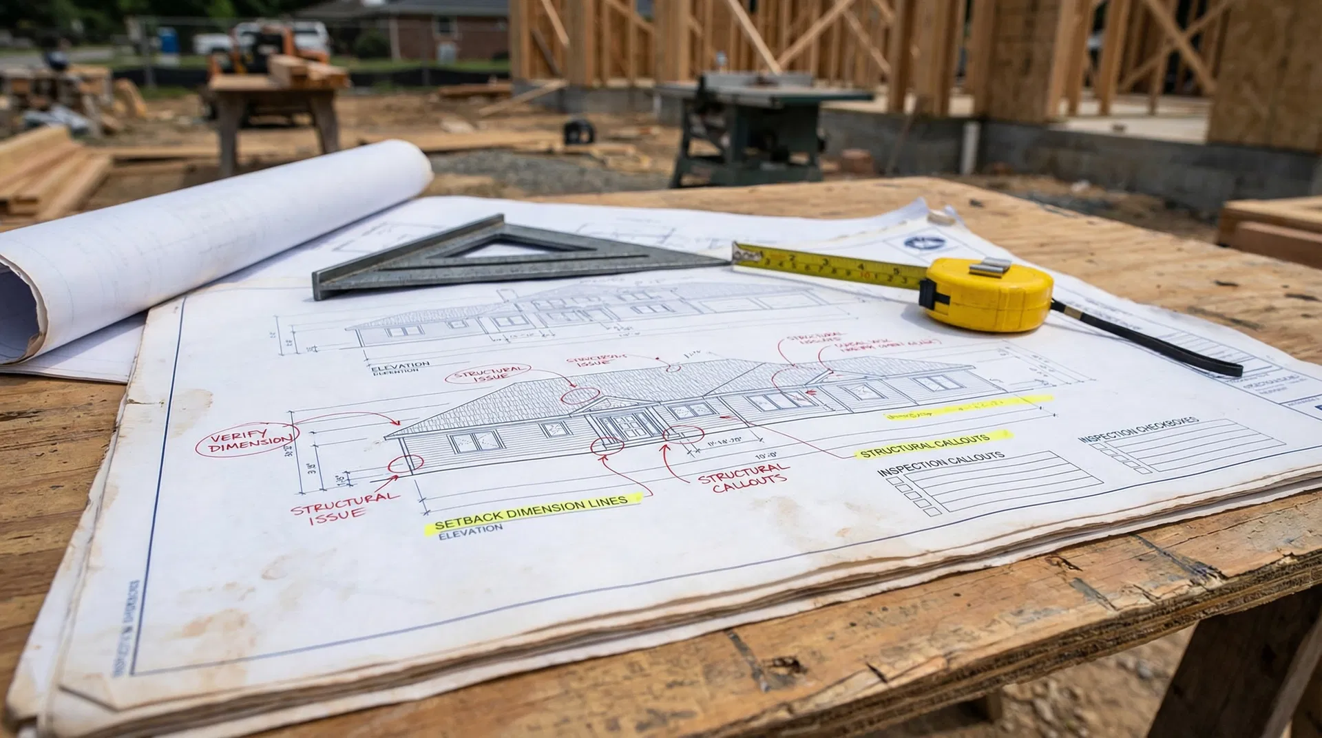 Annotated architectural blueprints showing structural issues and setback violations