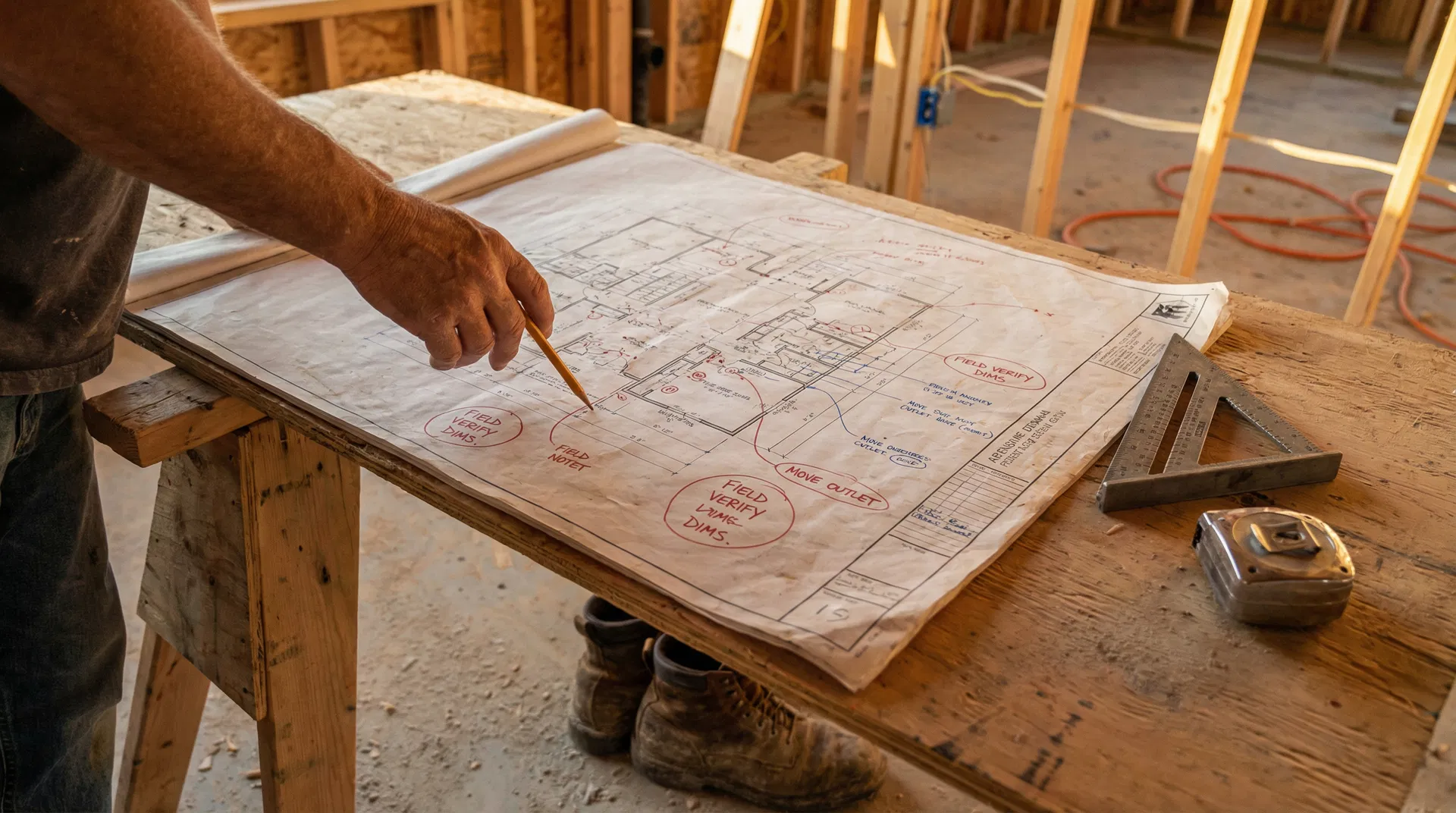 Builder reviewing annotated plans on job site