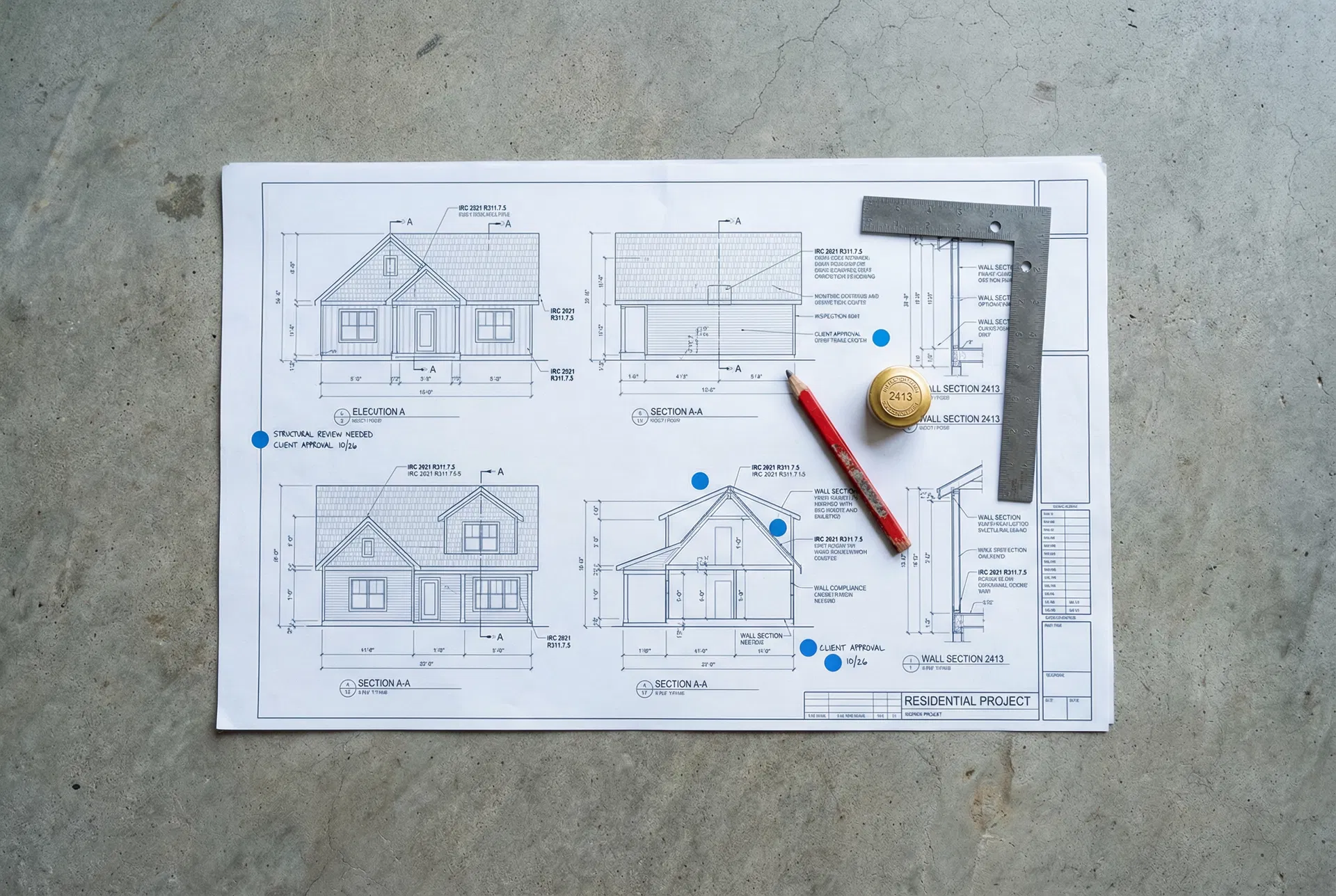 Annotated architectural plans with 2413 quality stamp and precision instruments
