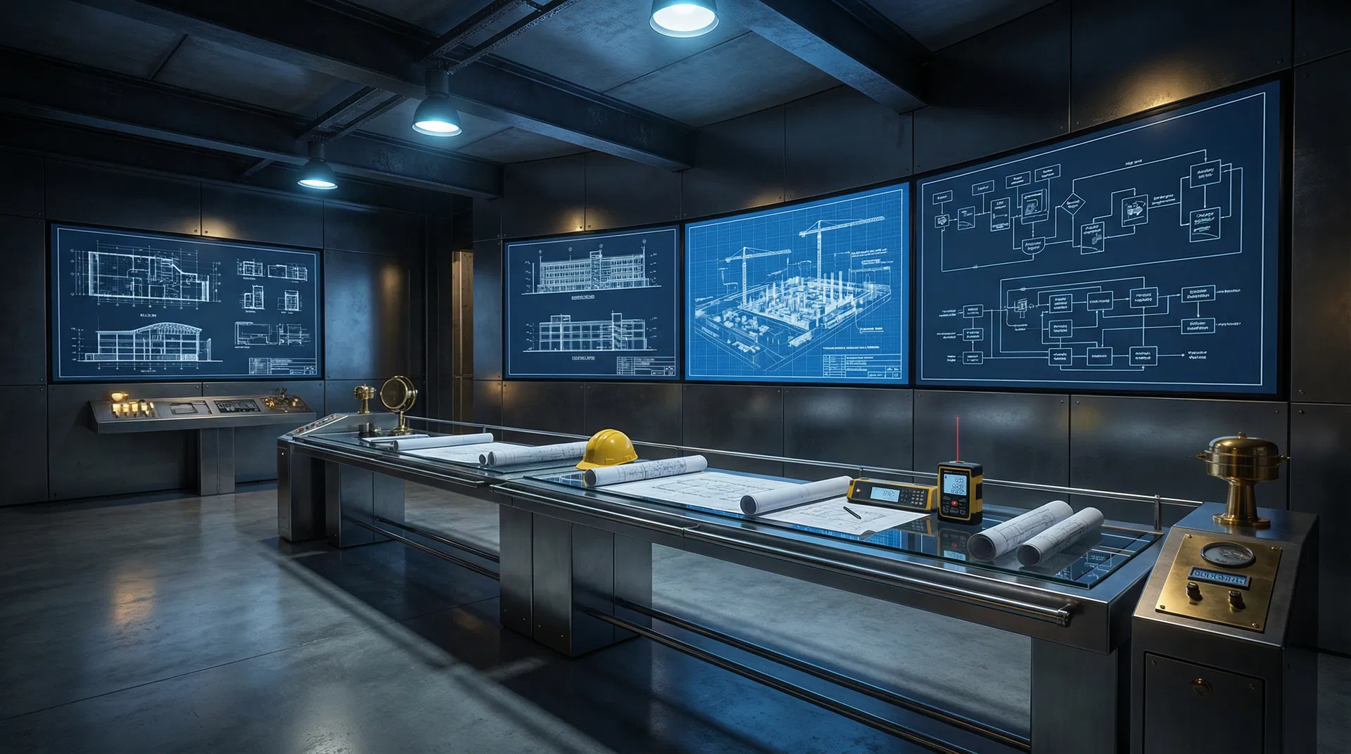 Architectural control room with blueprint displays