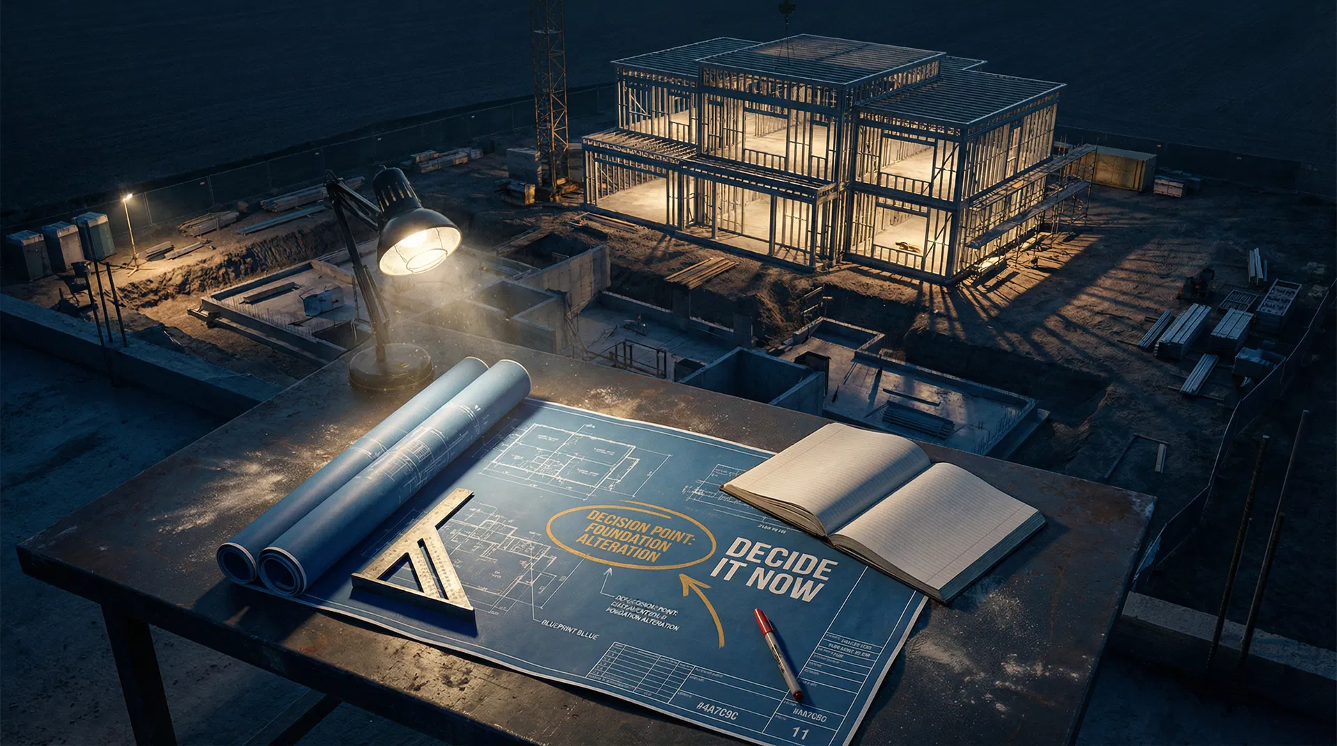 Construction site with blueprints