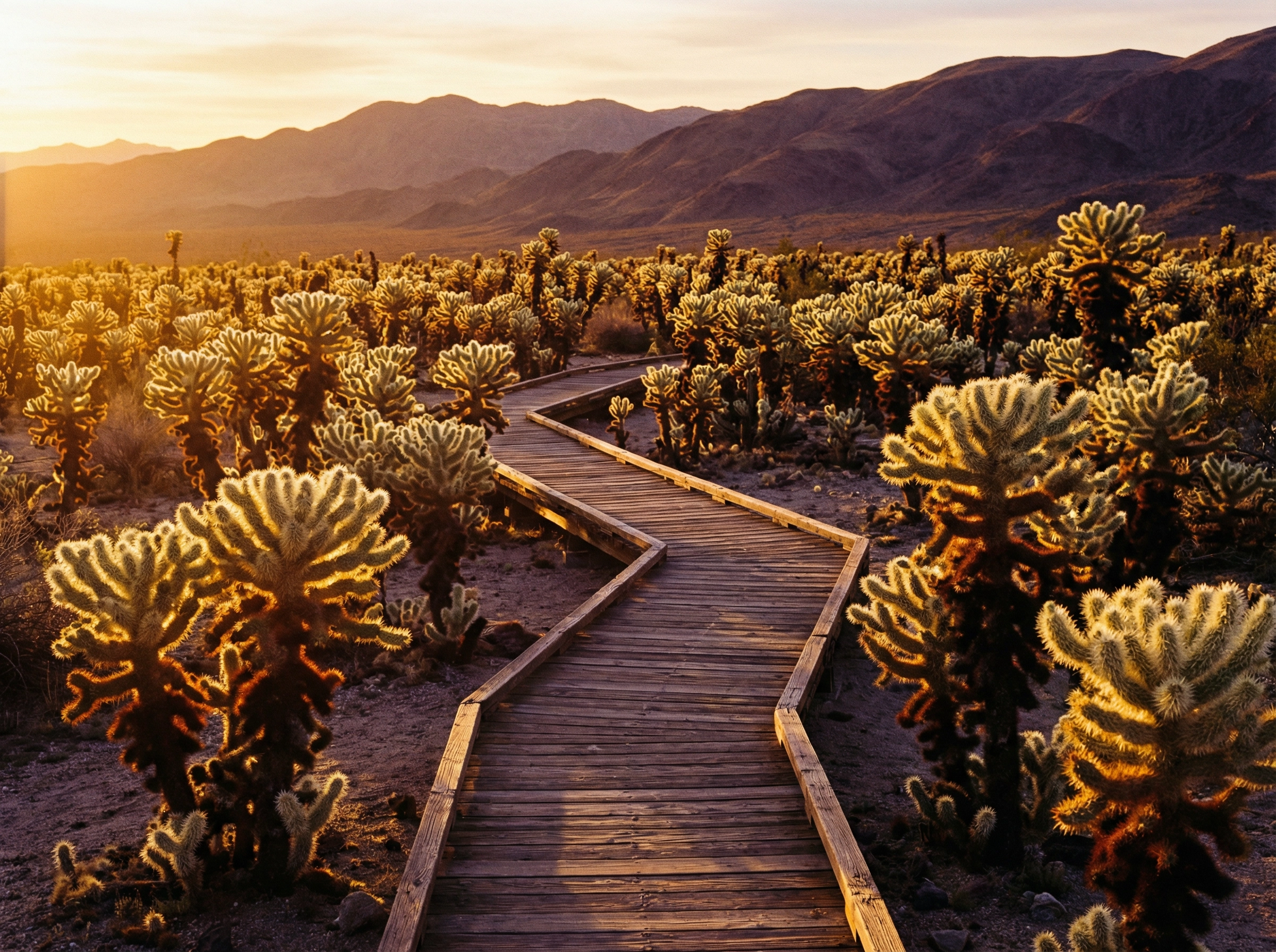 Cholla Cactus Garden at golden hour in Joshua Tree National Park