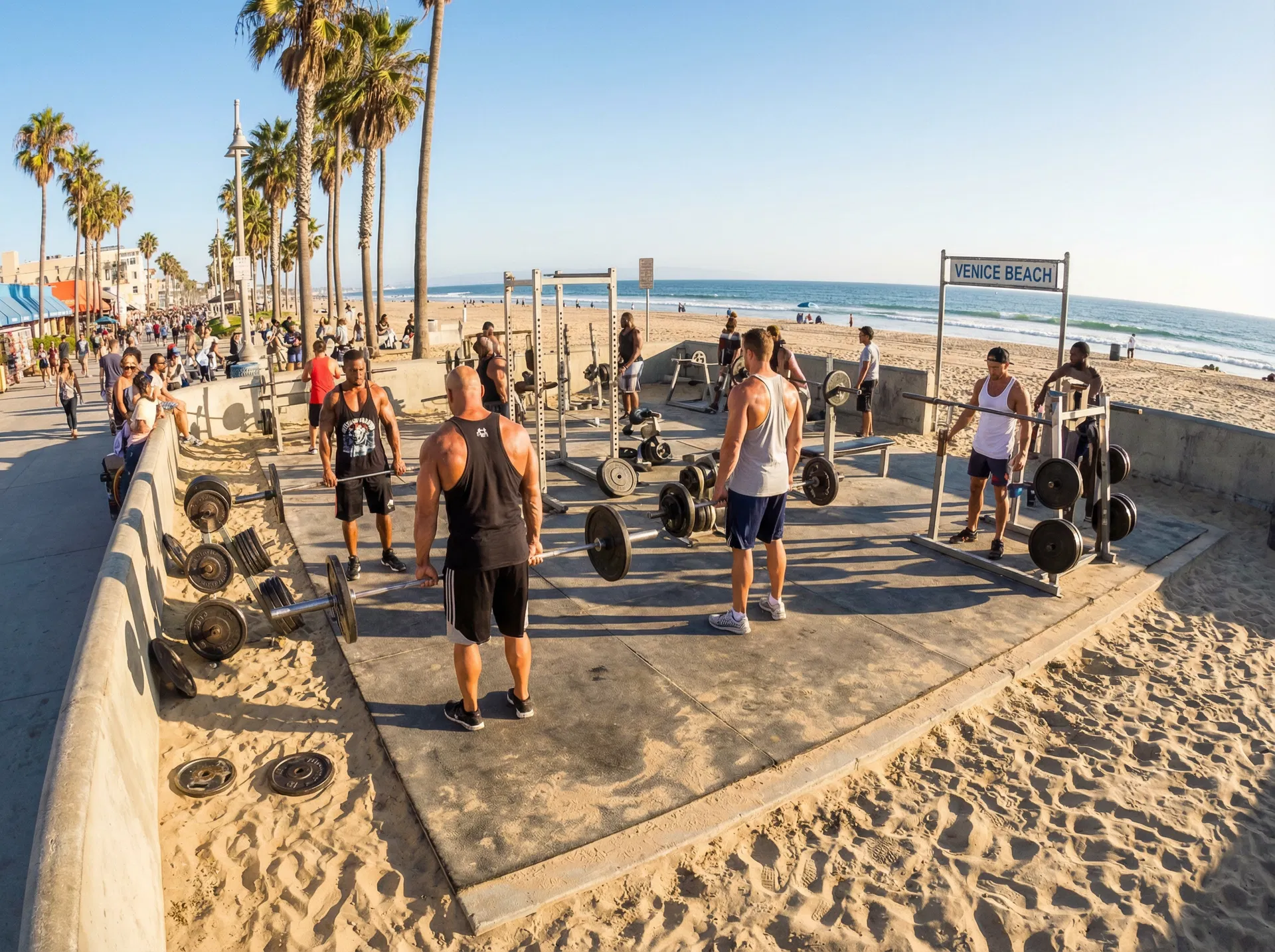 Muscle Beach Venice outdoor gym on the sand