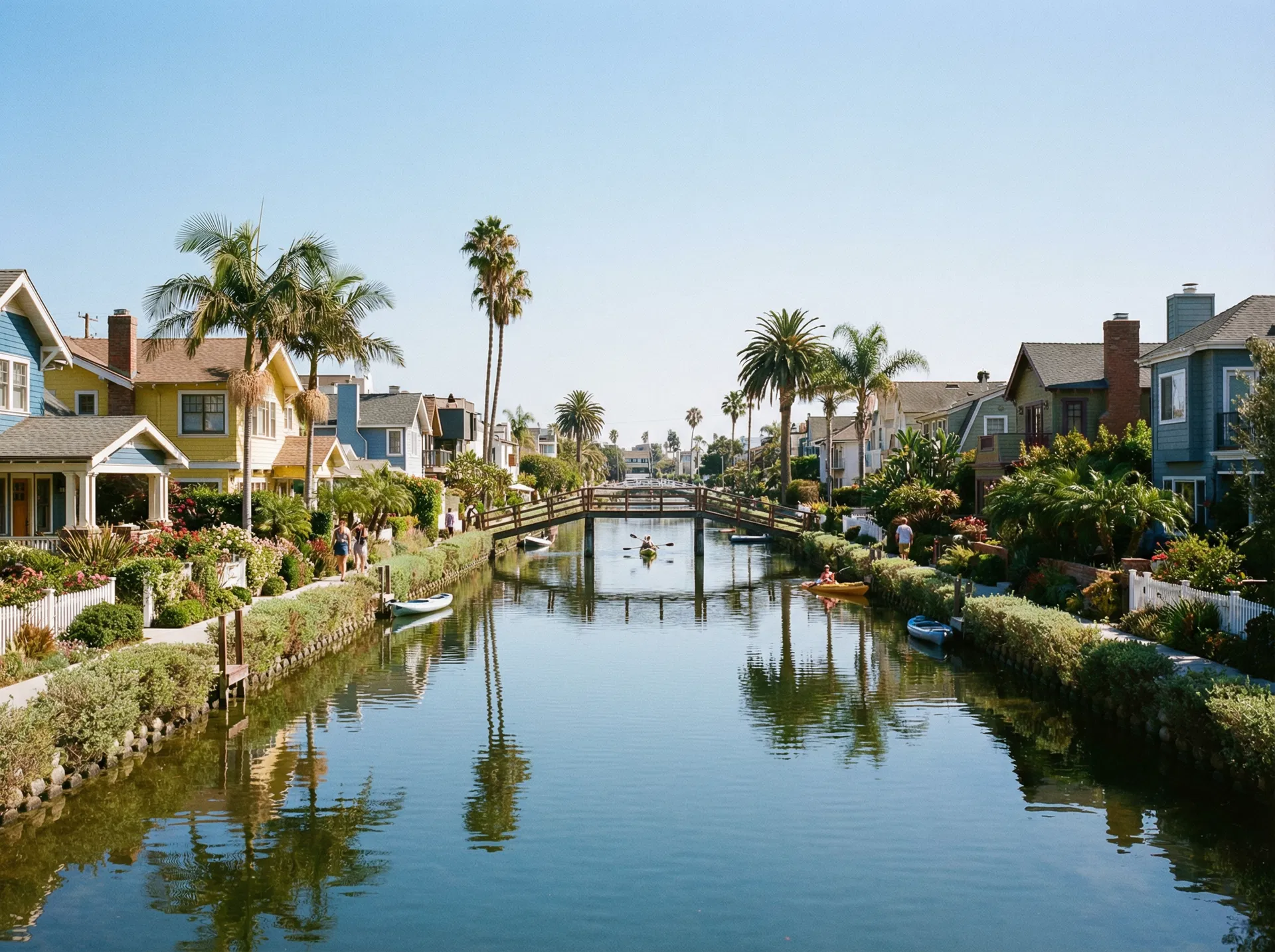 Venice Canals, Los Angeles — wooden footbridges and colorful houses