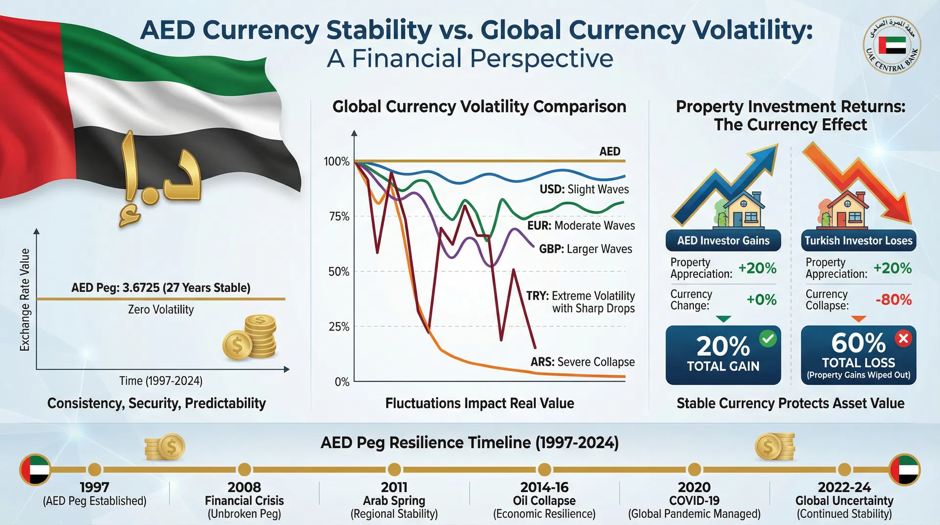Currency Fluctuations & AED Peg to USD: Why UAE Real Estate Offers Predictable Returns in a Volatile Global Economy