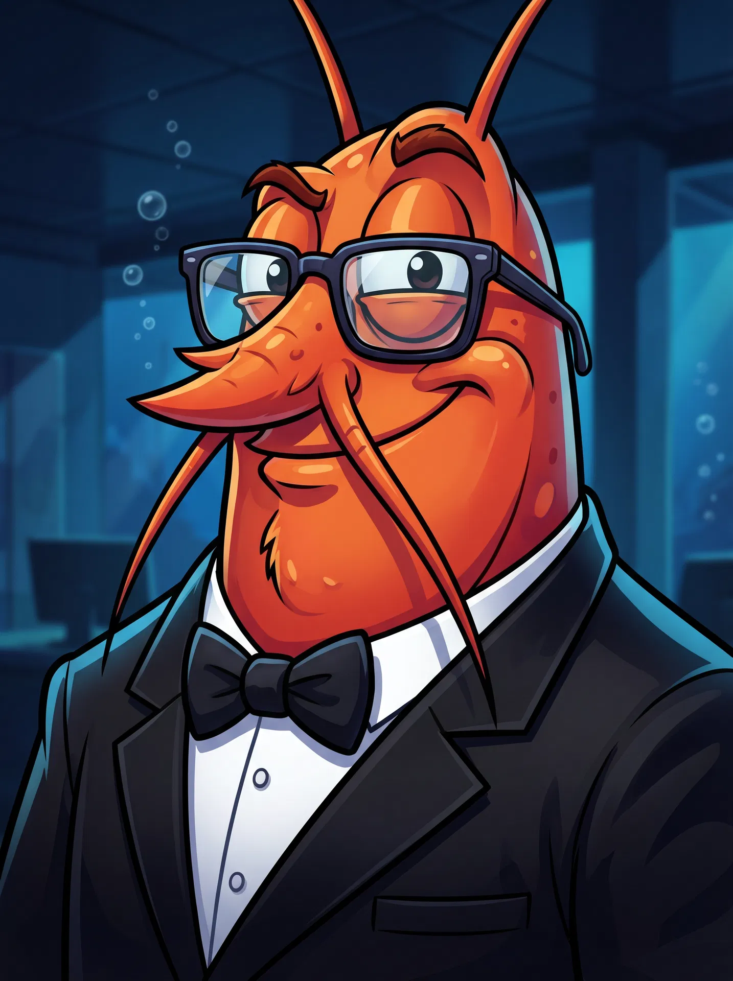 Claw the CEO lobster in formal black tie attire