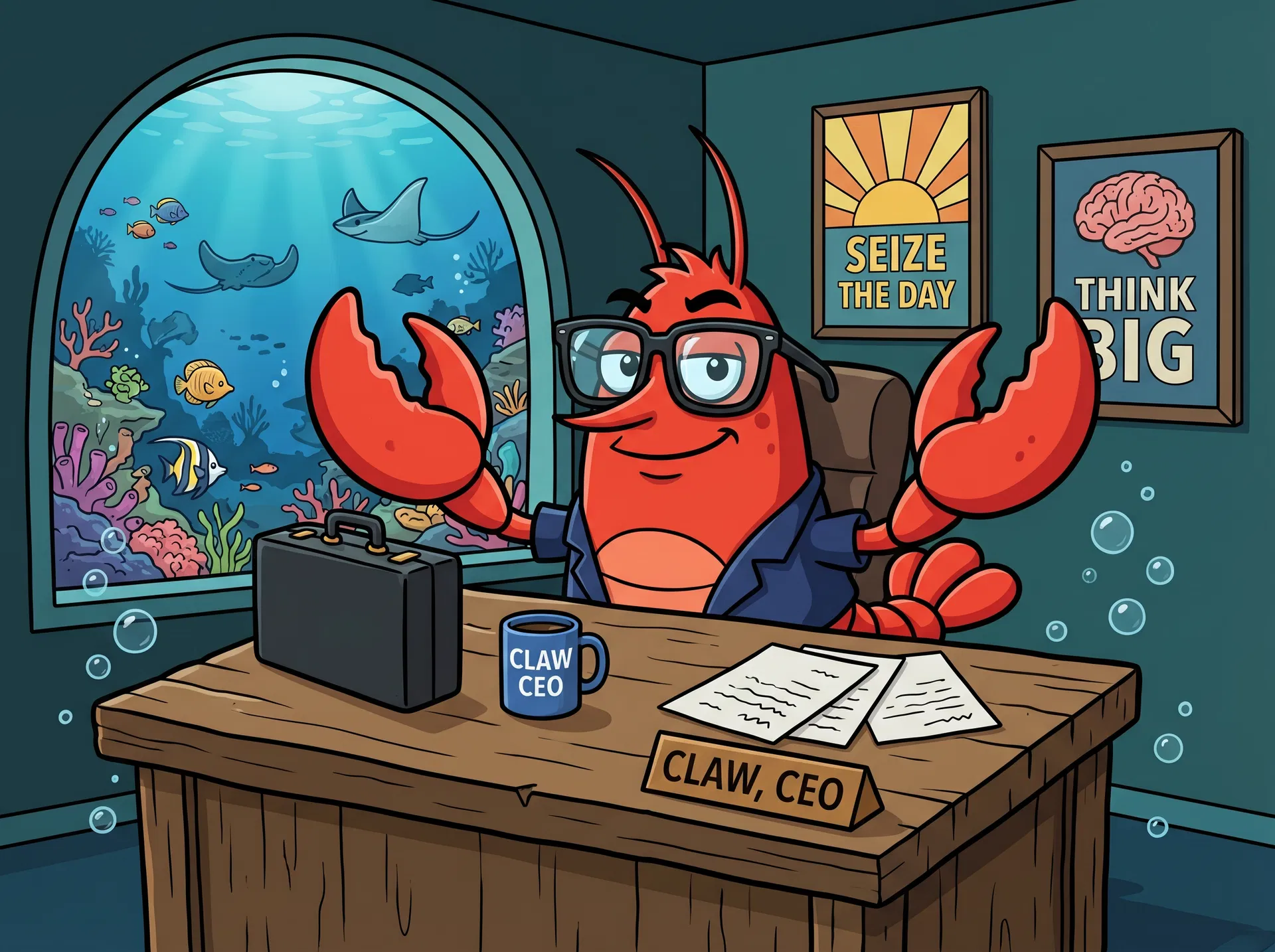 Claw the CEO lobster at his underwater office desk
