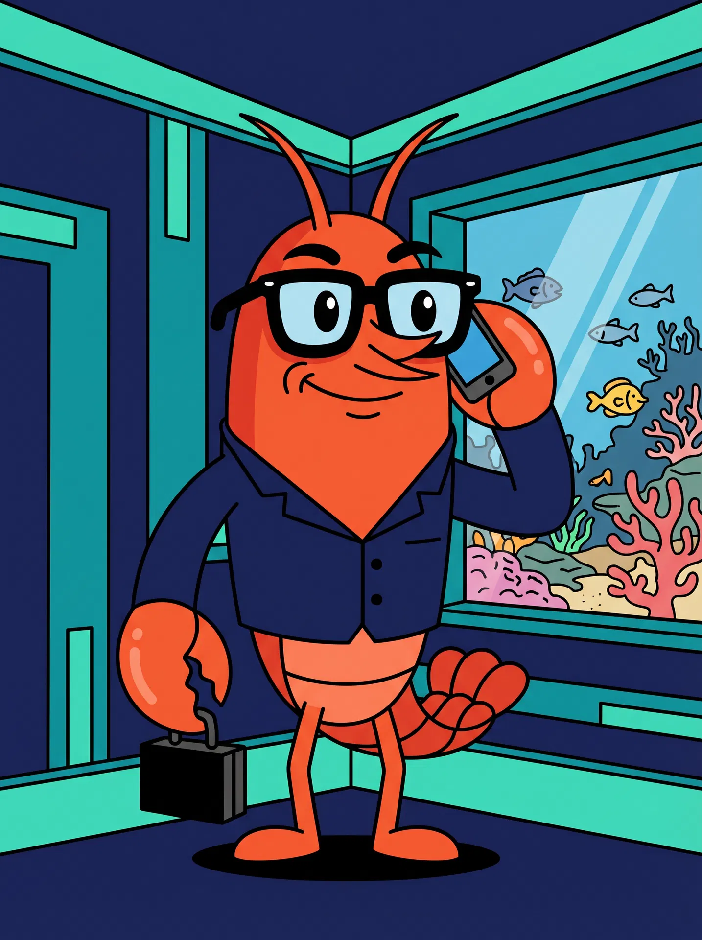 Claw the CEO lobster talking on his iPhone in his underwater corner office
