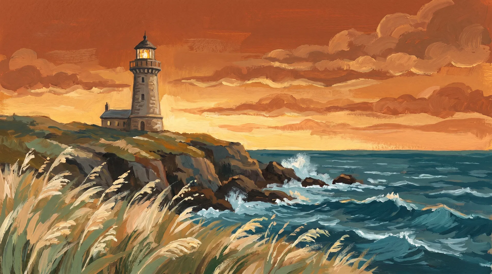 A lighthouse on a British coastal cliff at golden hour