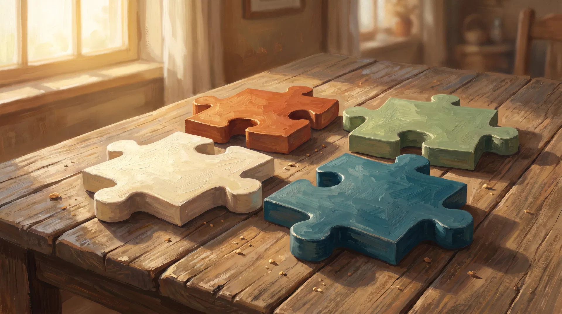 Four jigsaw pieces on a warm wooden table