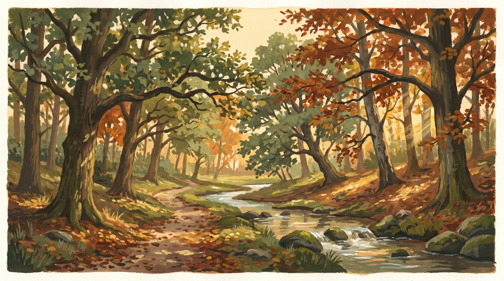 A peaceful English woodland path in autumn