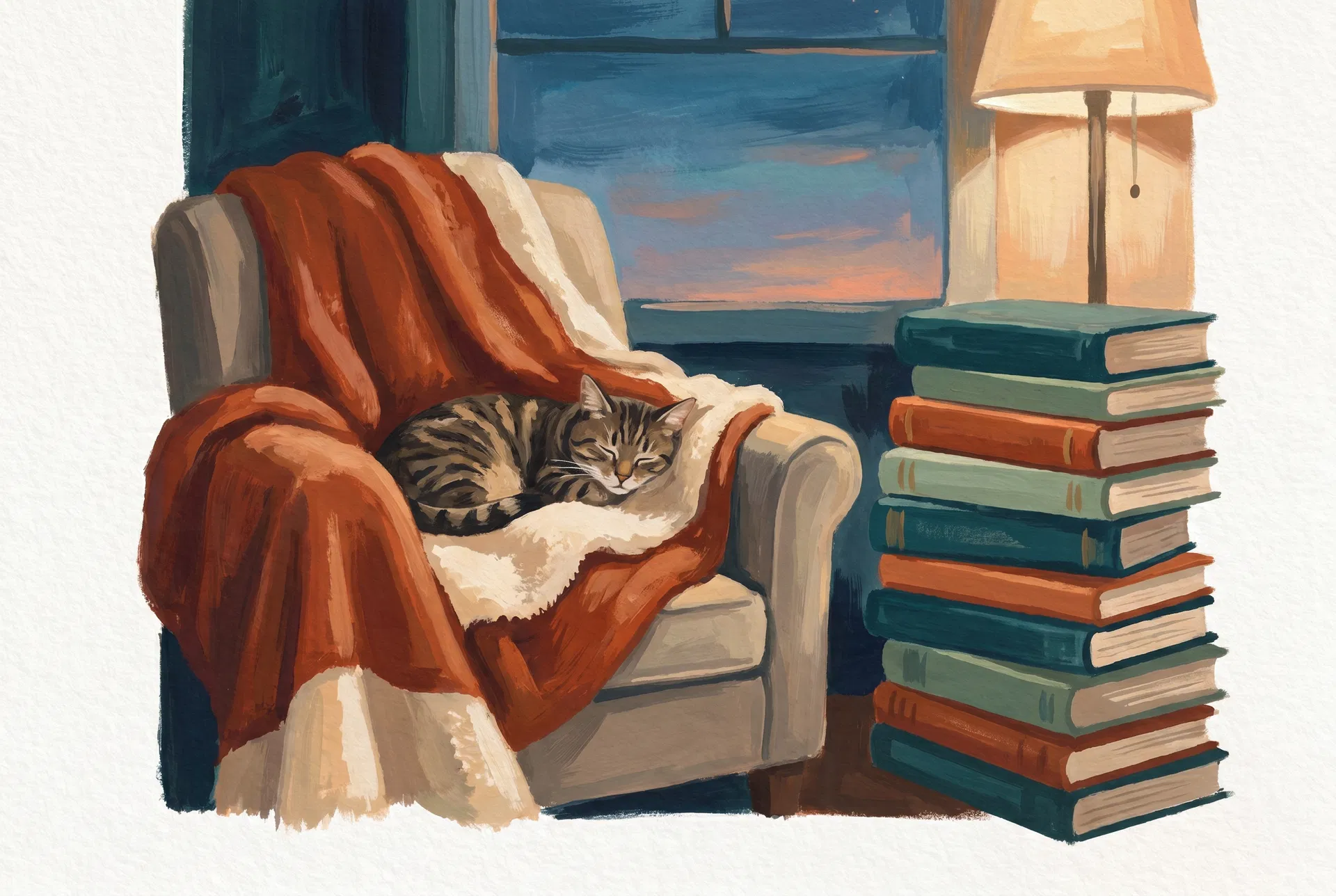 A cosy armchair with books and a sleeping cat