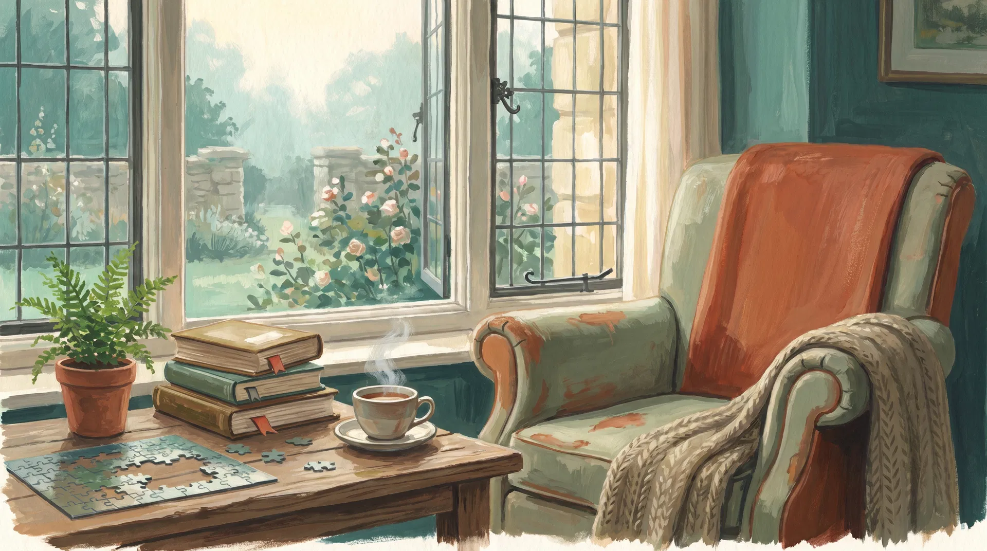 A cosy reading nook by a garden window