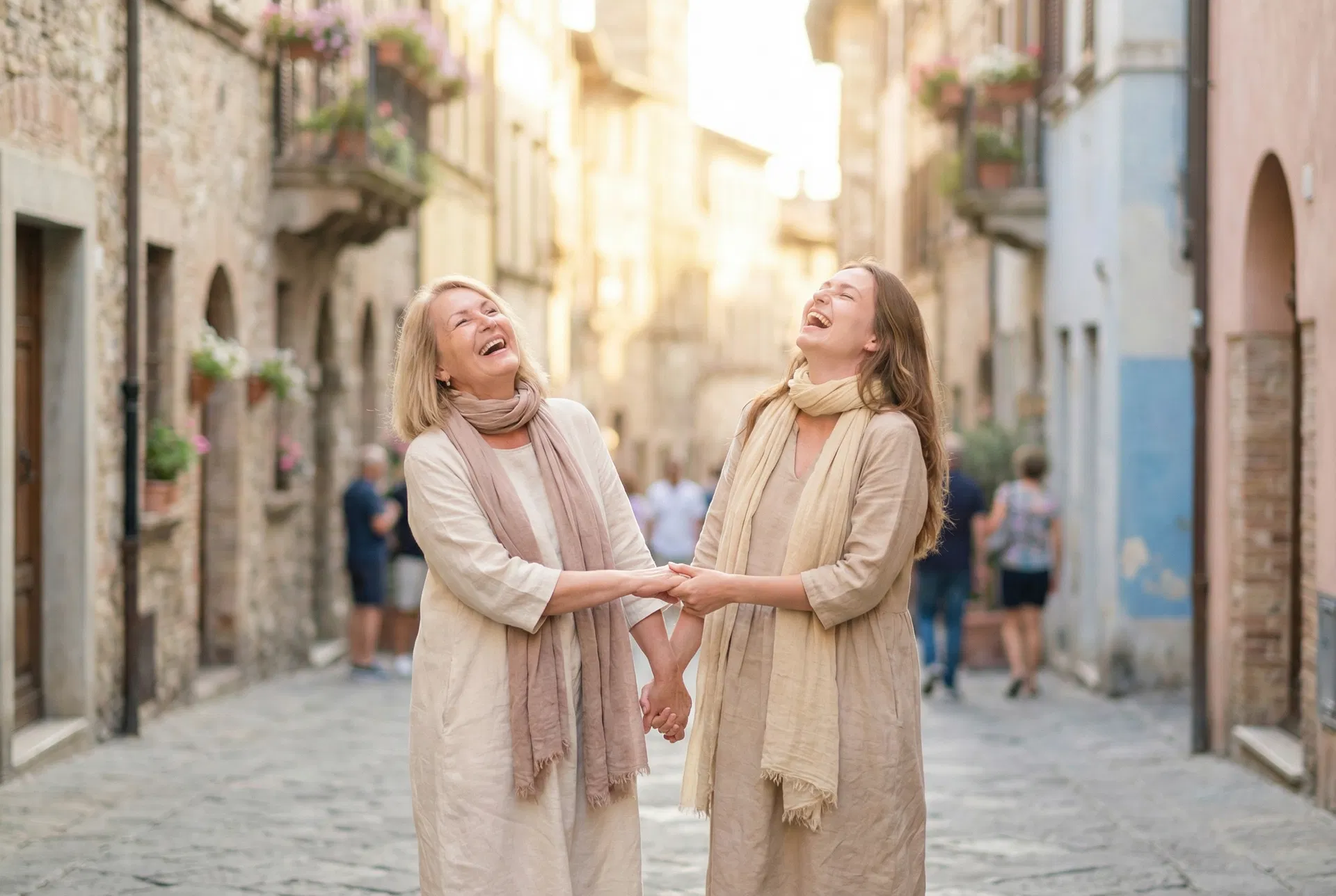 Mãe e filha rindo juntas em viagem