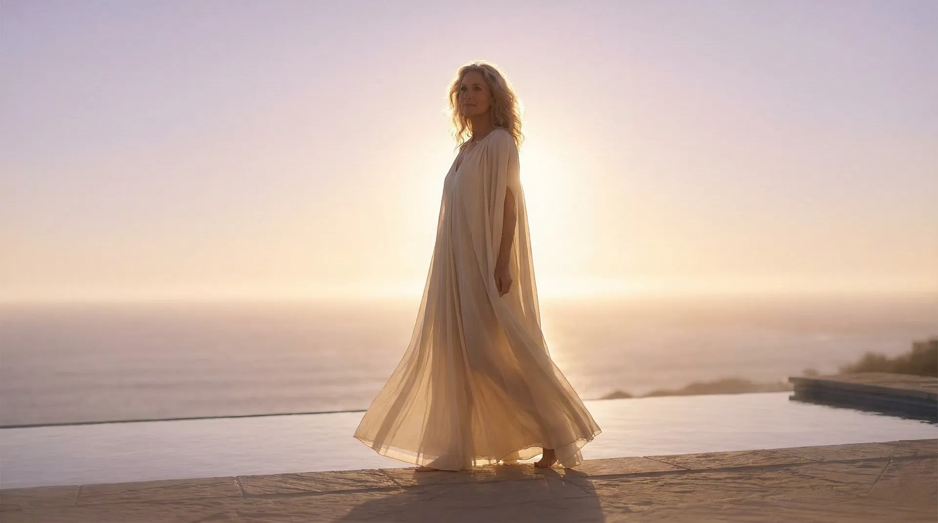 Mulher elegante contemplando o horizonte em resort de luxo