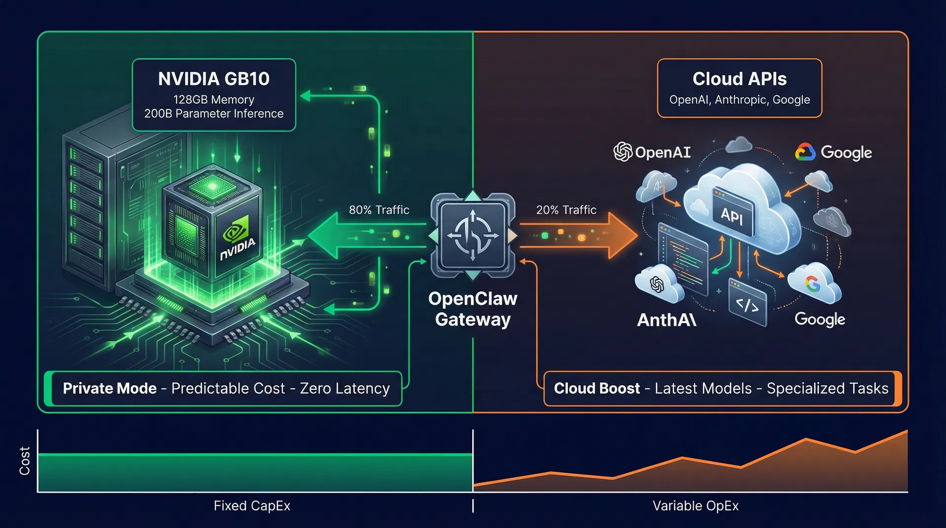 Hybrid Routing diagram showing Local GB10 vs Cloud Boost strategy