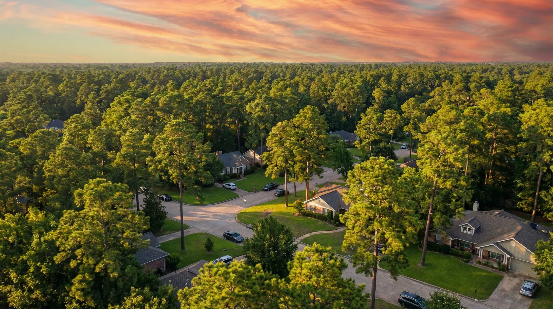 Kingwood Texas pine tree canopy at golden hour