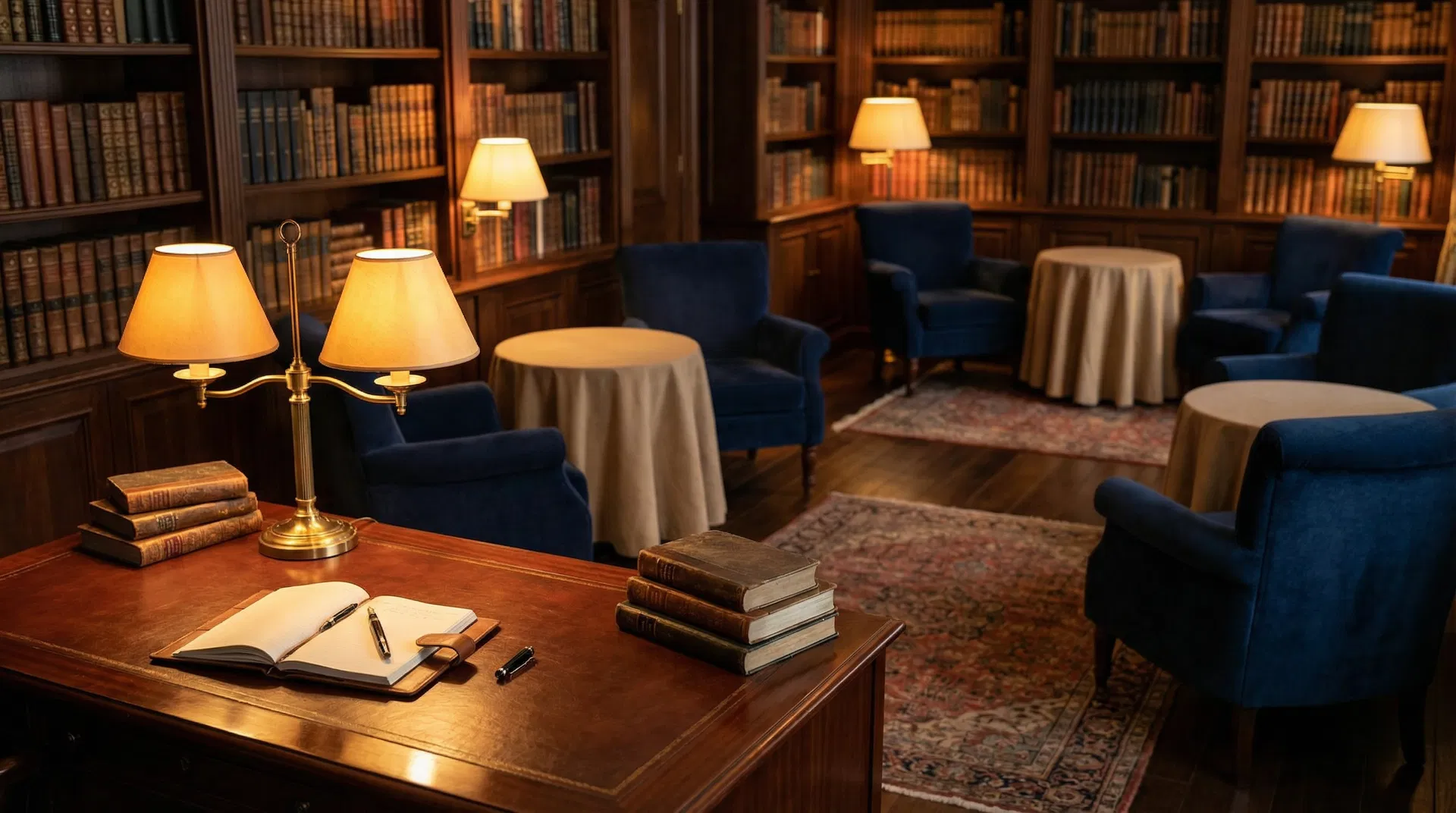 温かな照明の静かな書店の内装 — ブックコンシェルジュの背景