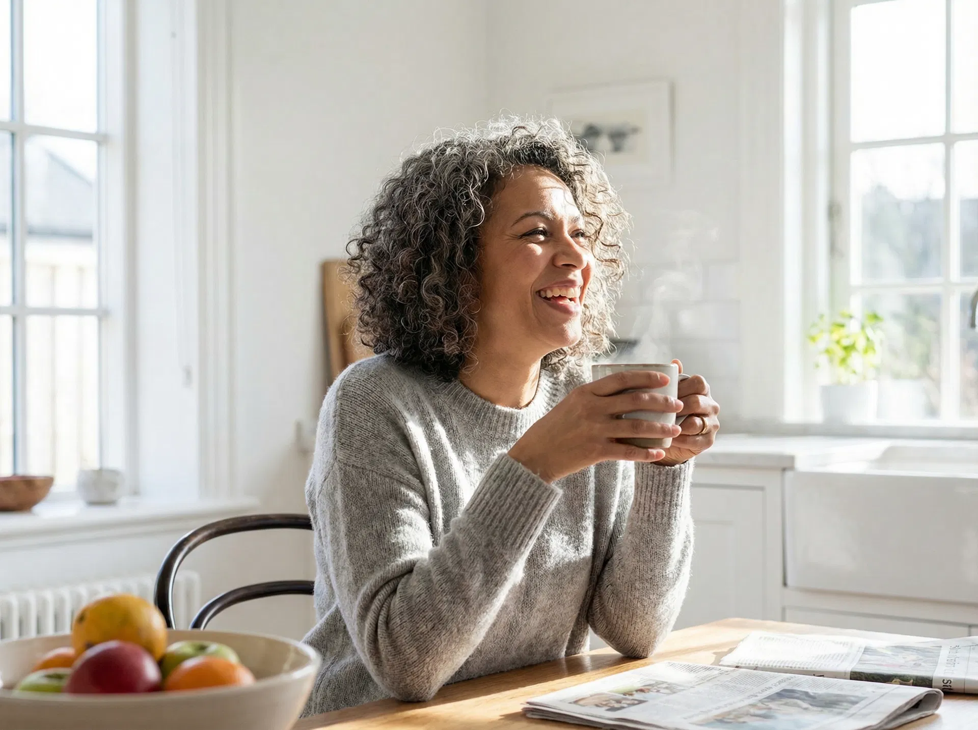 Woman energized morning coffee