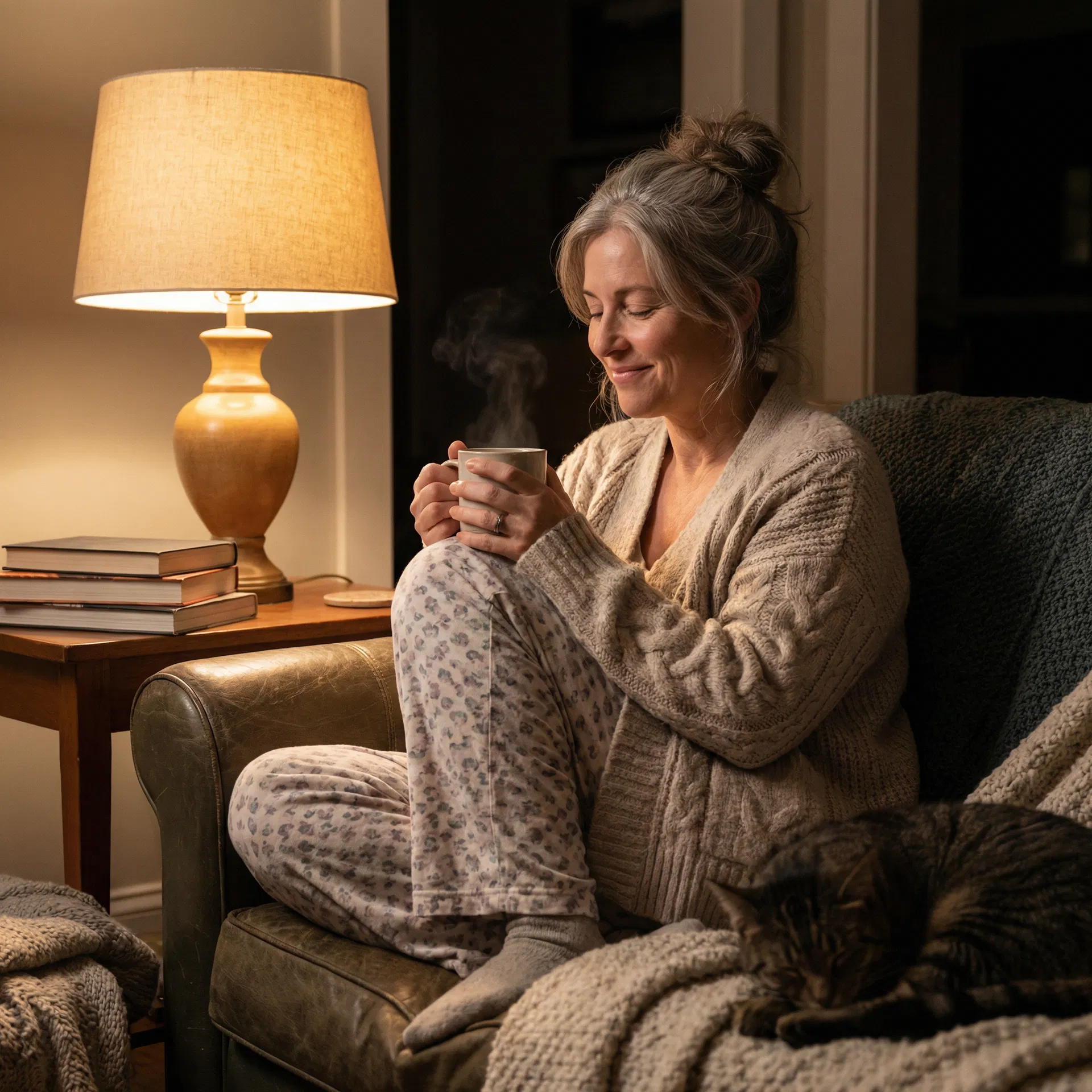 Woman relaxing with chamomile tea
