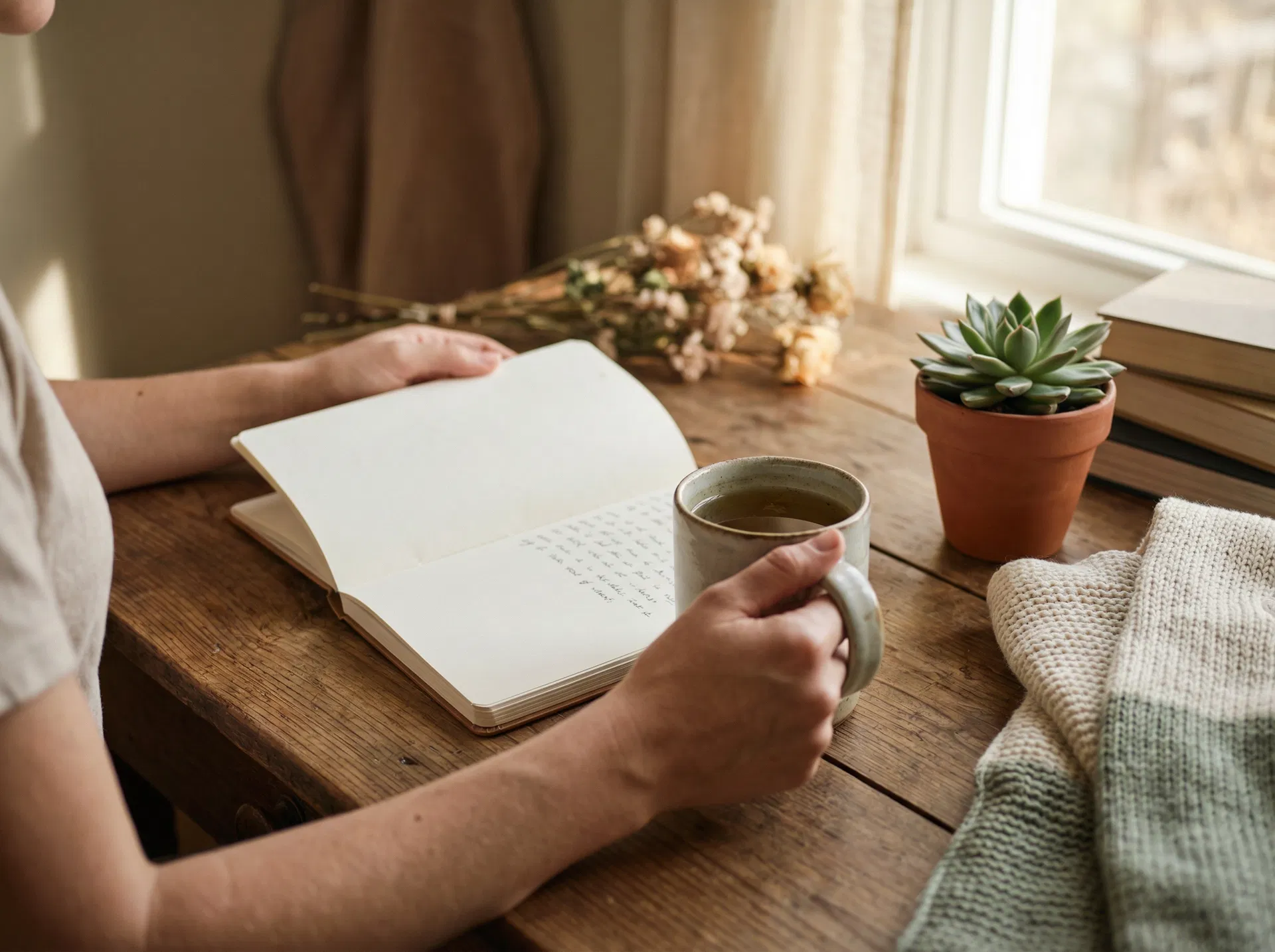 A person journaling with herbal tea — a morning wellness ritual