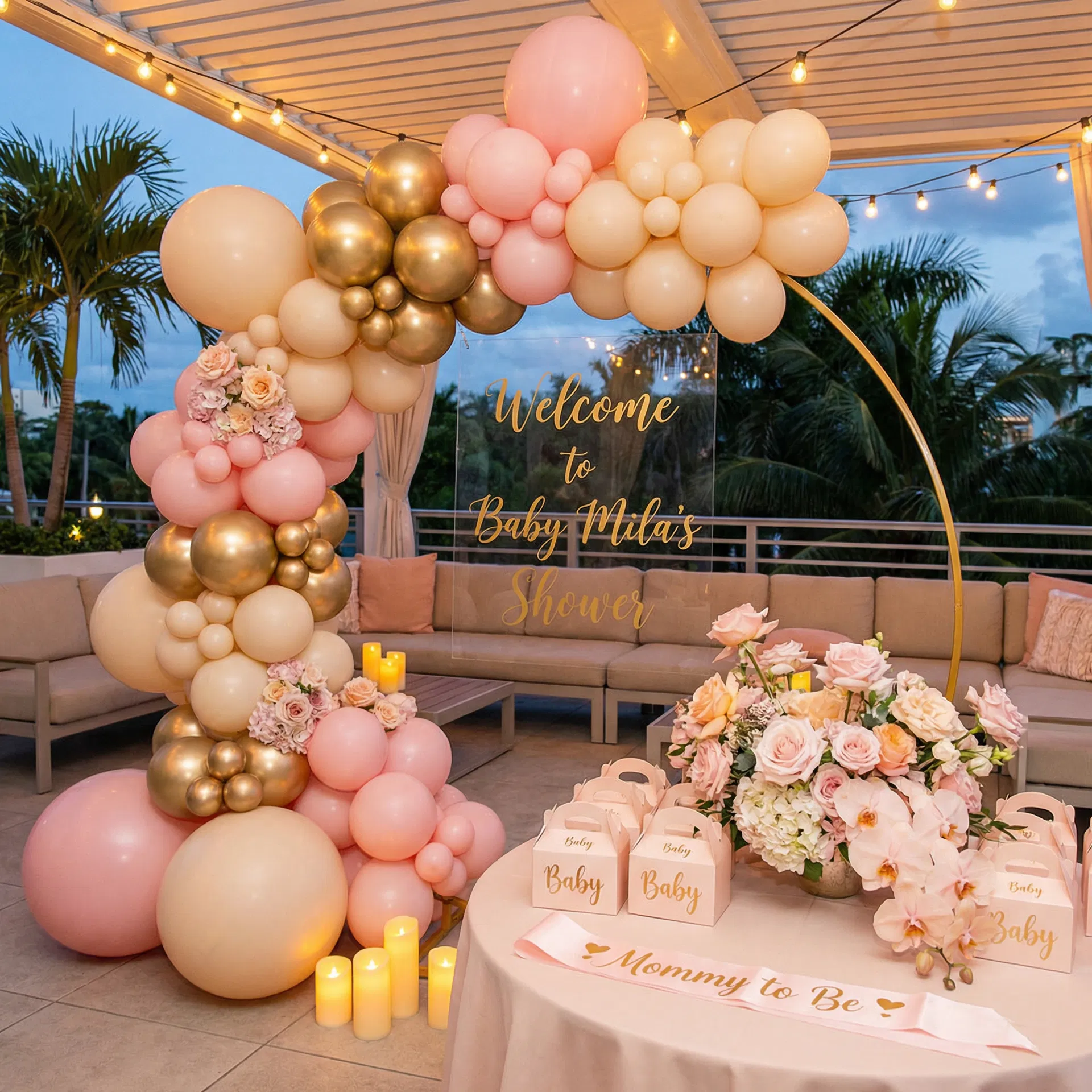 Baby Shower Miami — gold balloons and acrylic sign