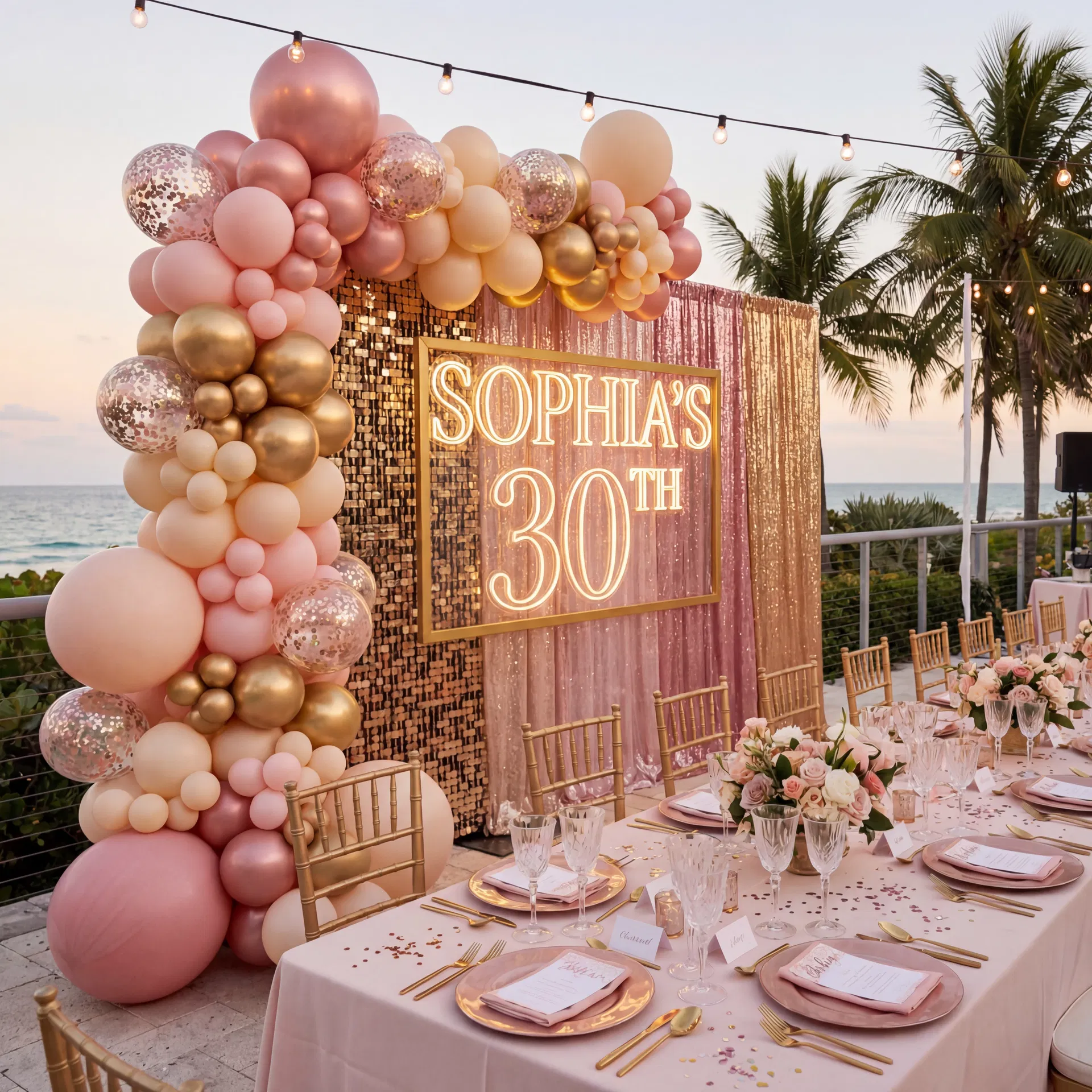 30th Birthday in Miami — shimmer decor and balloons
