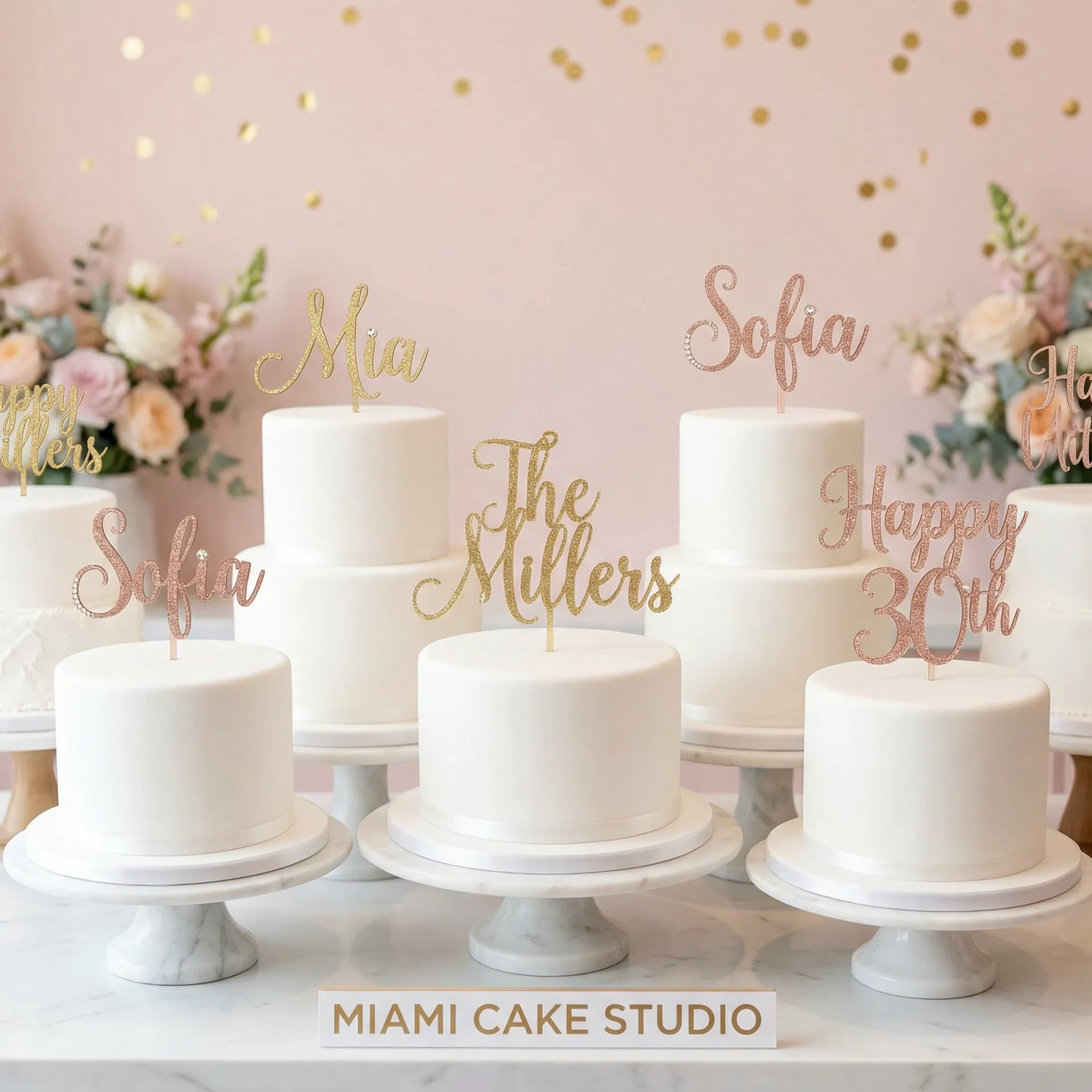 Custom cake toppers in glitter and rose gold